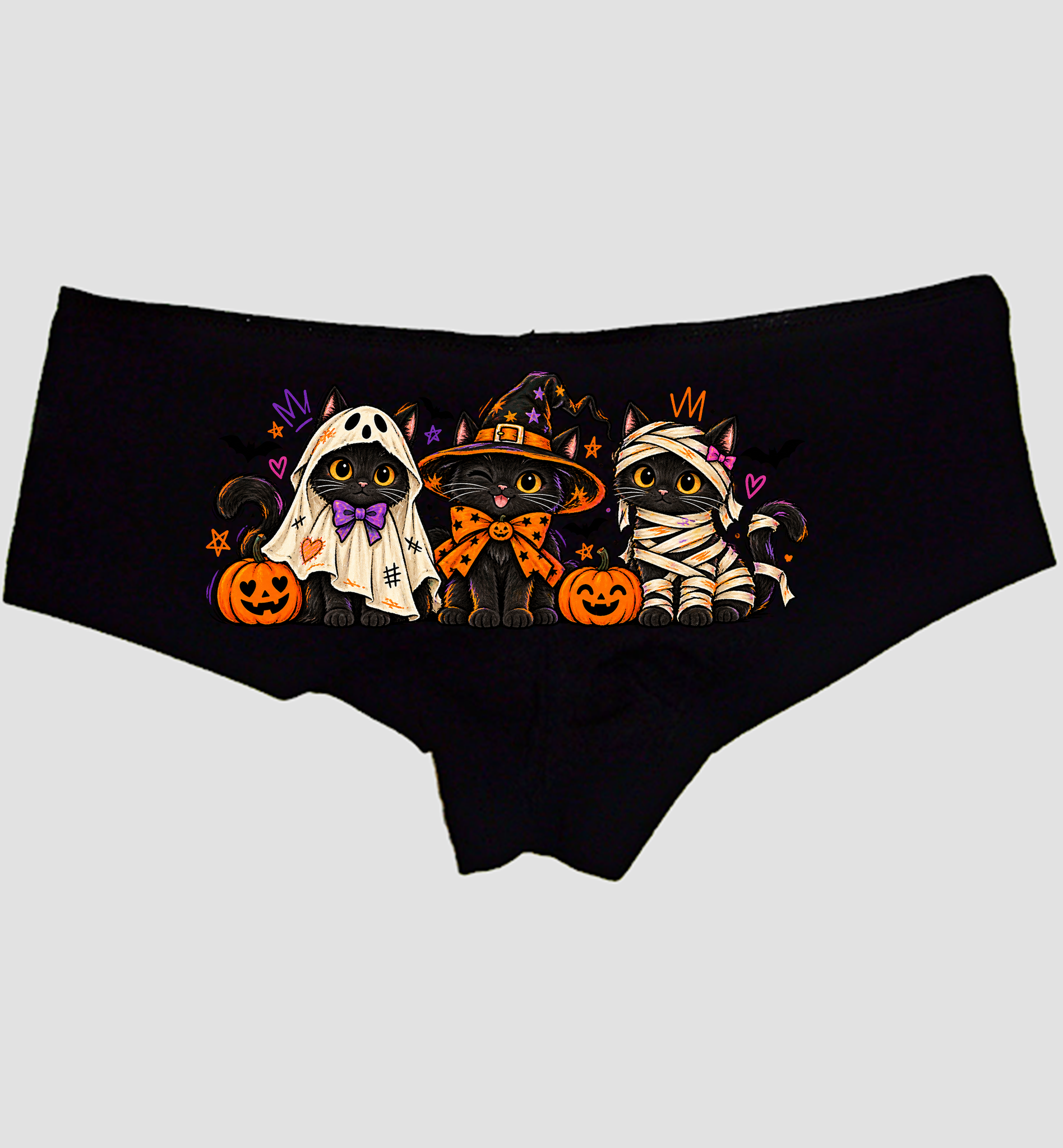 Black boyshort panties with three costumed black cats — ghost, witch, and mummy — Sexy Girl Rock