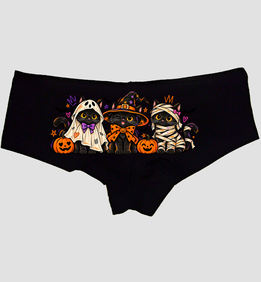 Black boyshort panties with three costumed black cats — ghost, witch, and mummy — Sexy Girl Rock