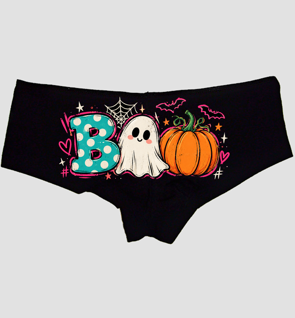Black boyshort panties spelling BOO with a teal polka-dot B, ghost, and pumpkin — Sexy Girl Rock