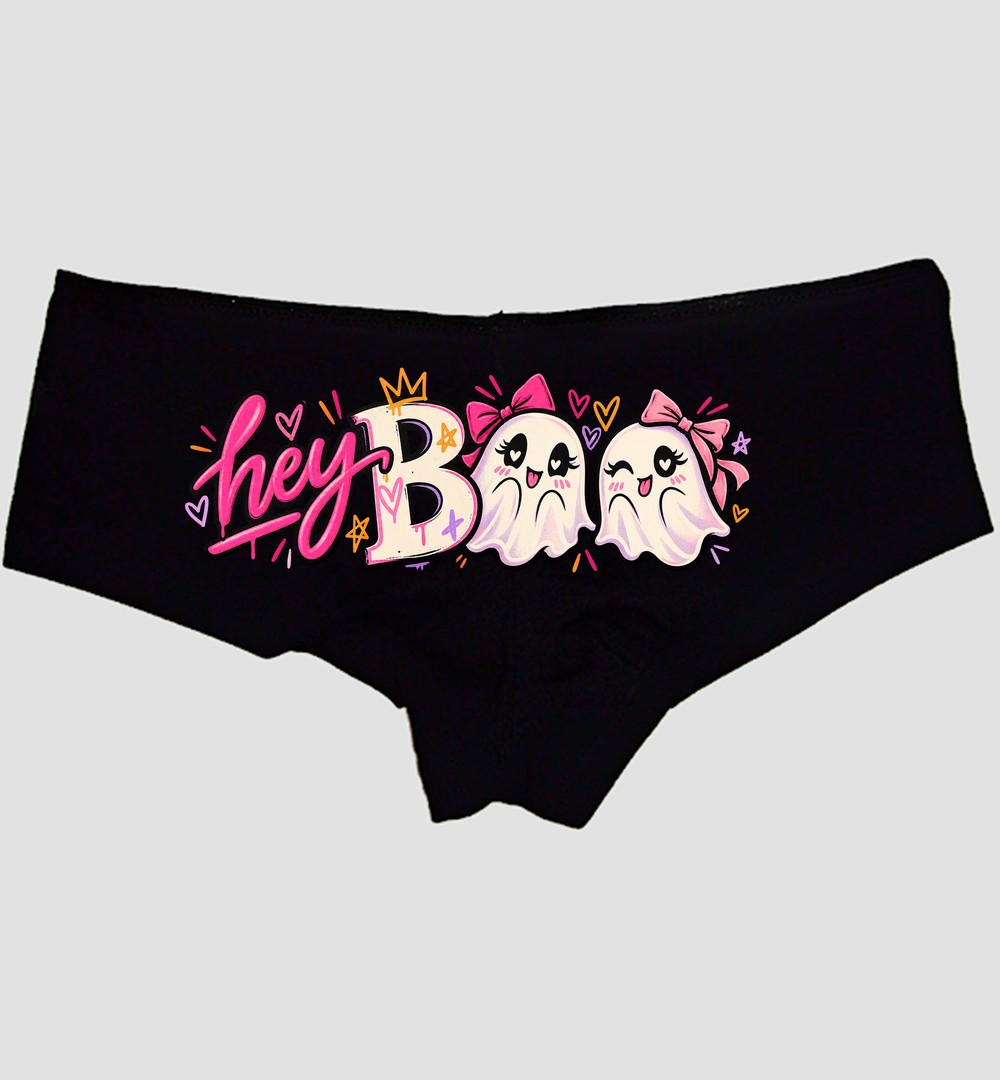 Black boyshort panties with pink script hey BOO and two bow ghosts — Sexy Girl Rock