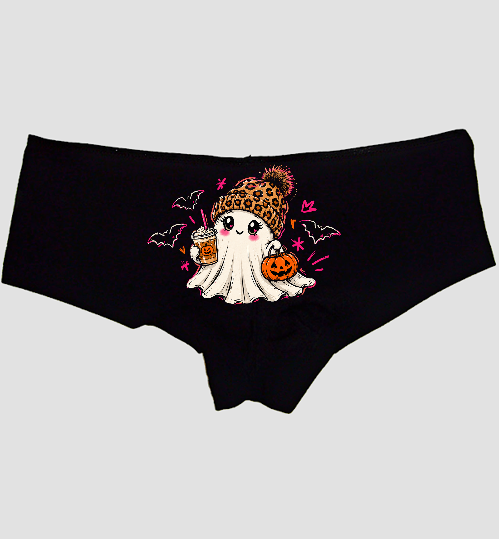 Black boyshort panties with a ghost in a leopard beanie holding coffee and a pumpkin — Sexy Girl Rock