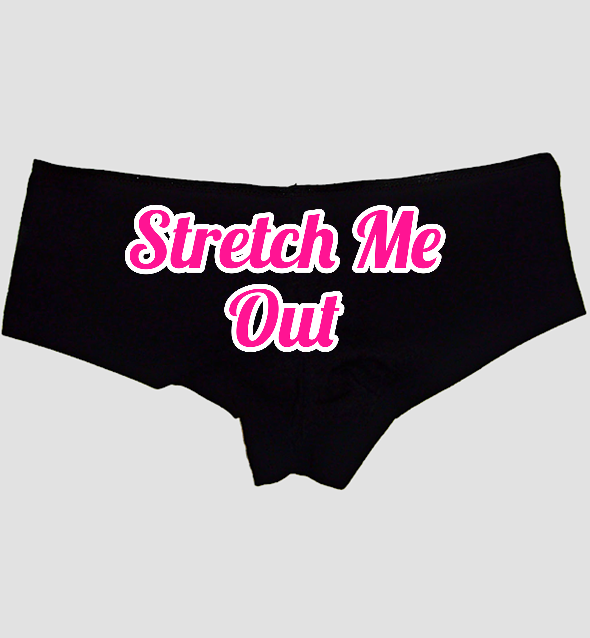 Stretch Me Out Boyshort Panties — Black Cotton, Hot Pink White Outline Print — hero image