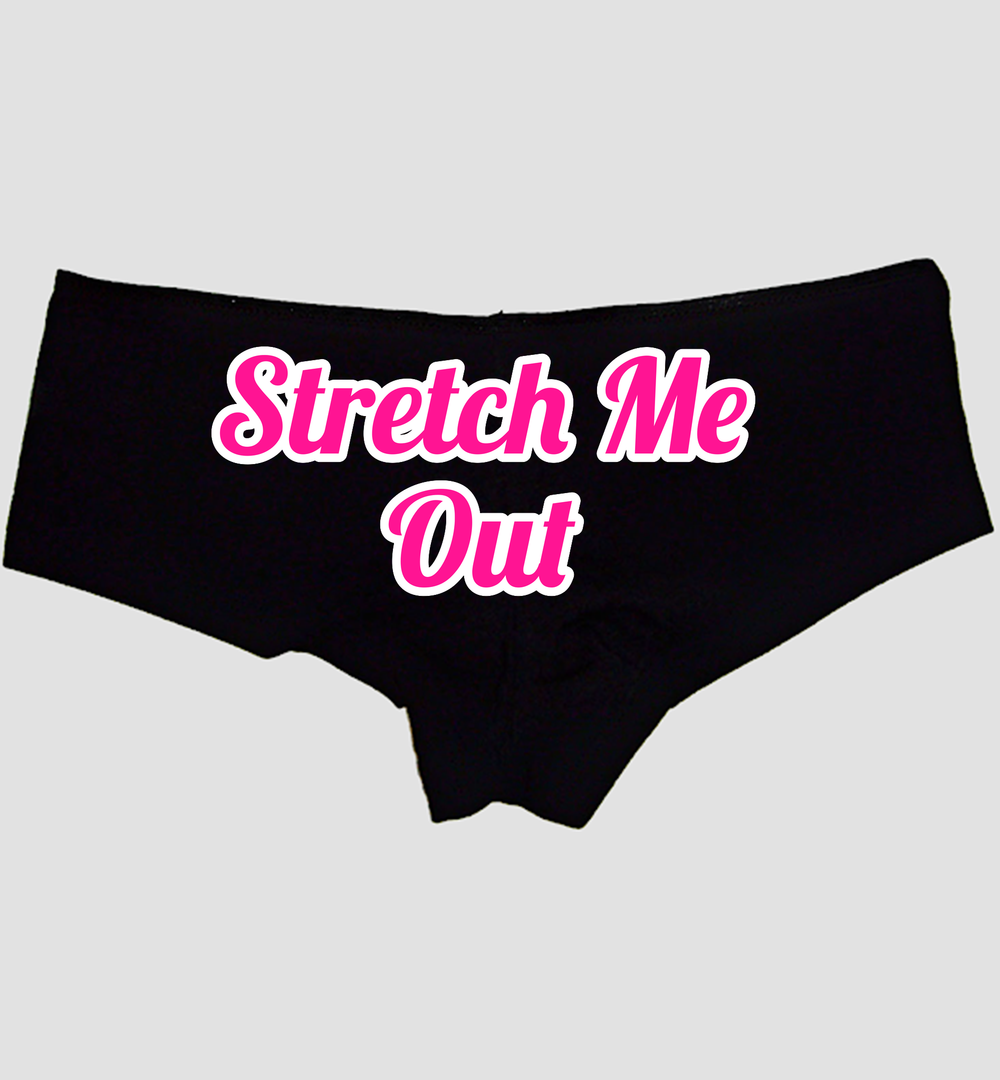 Stretch Me Out Boyshort Panties — Black Cotton, Hot Pink White Outline Print — hero image