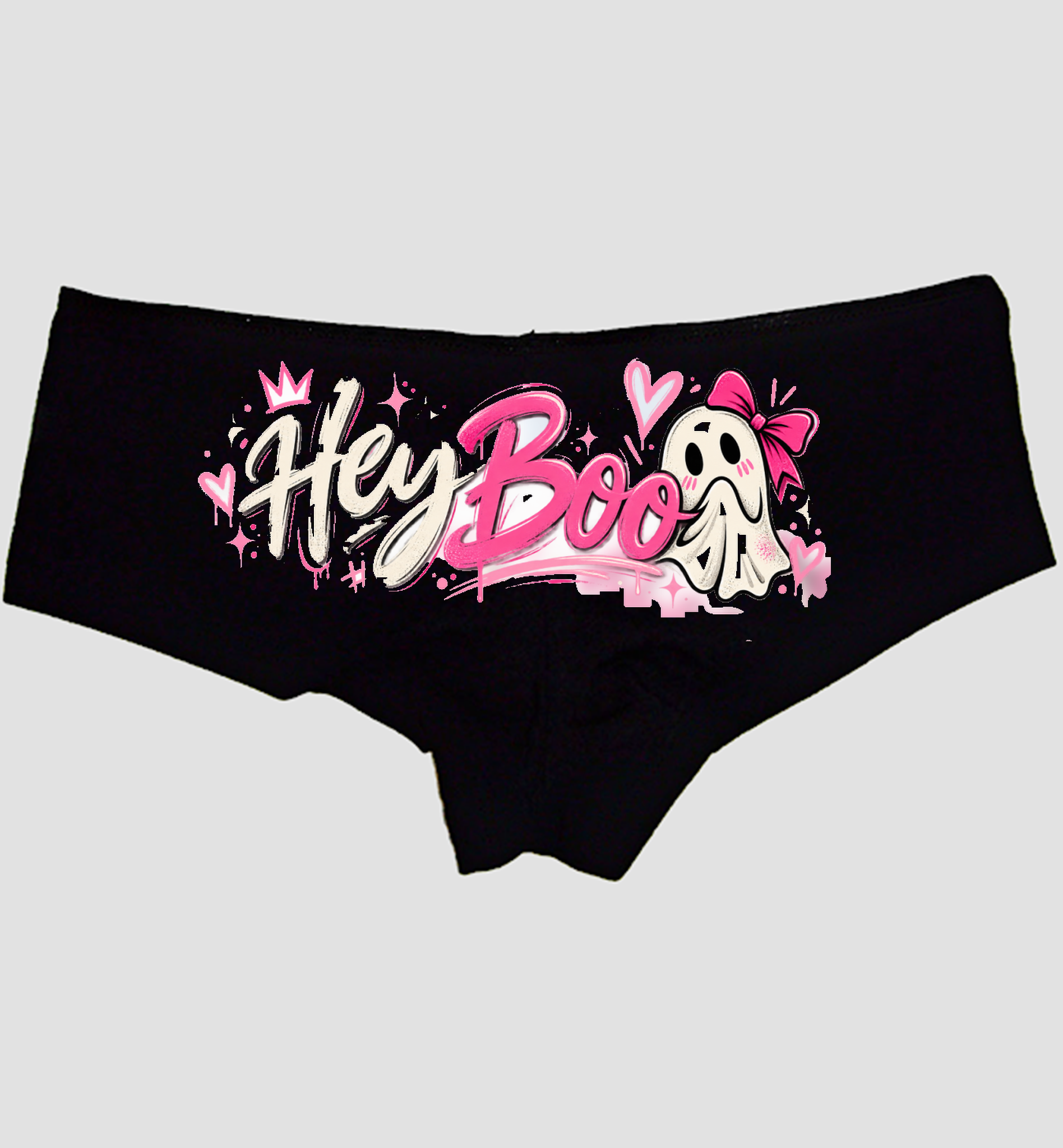 Black boyshort panties with script Hey Boo and one ghost in a pink bow — Sexy Girl Rock