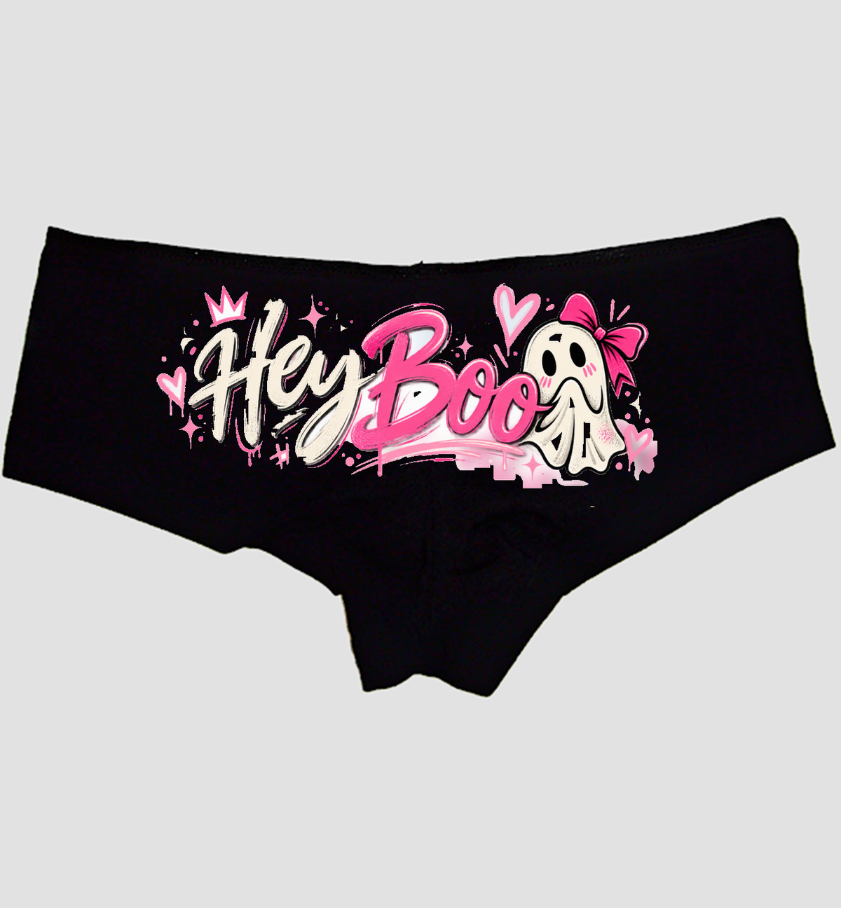 Black boyshort panties with script Hey Boo and one ghost in a pink bow — Sexy Girl Rock