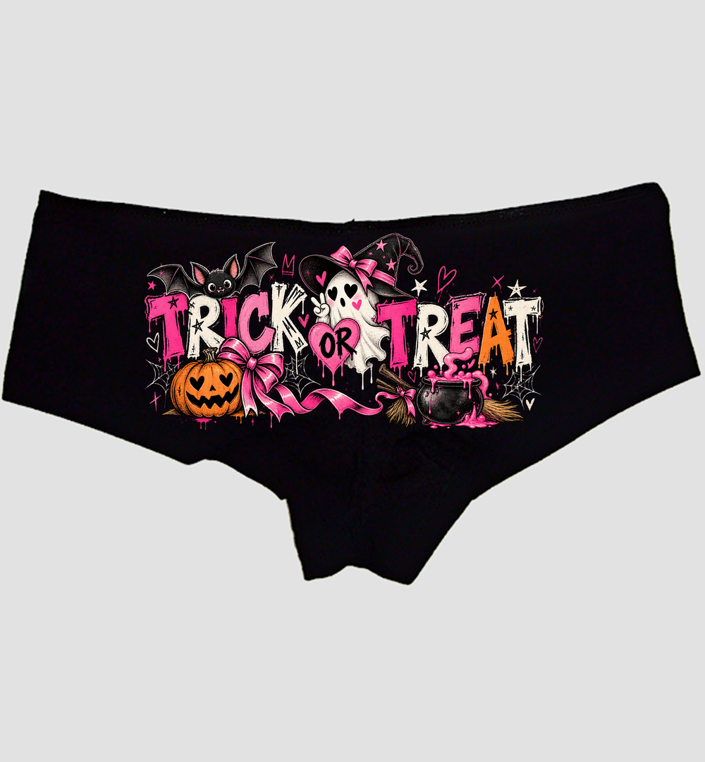 Black boyshort panties printed TRICK OR TREAT with a witch ghost, pumpkin, and cauldron — Sexy Girl Rock