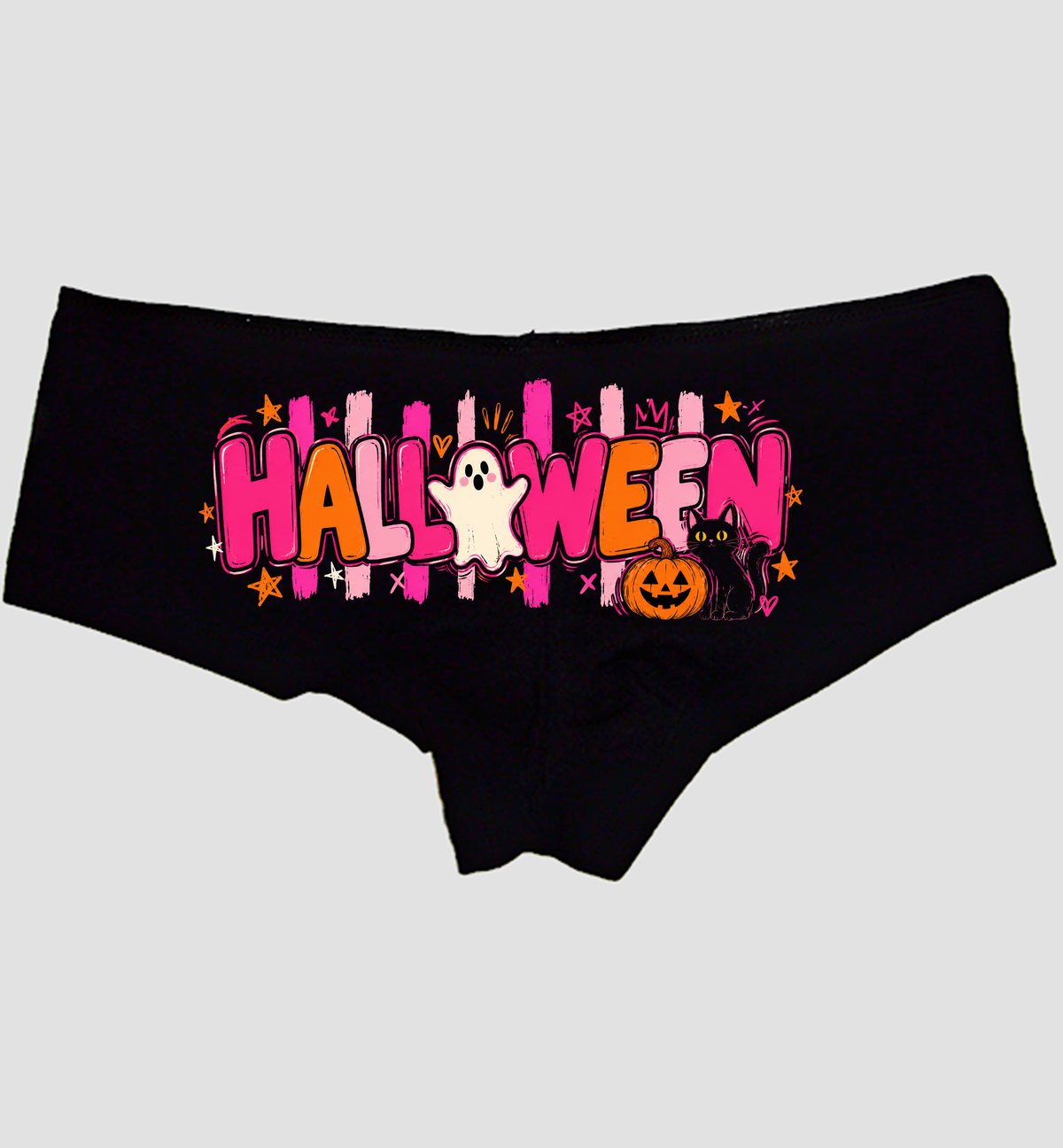 Black boyshort panties with pink and orange HALLOWEEN letters, a ghost, pumpkin, and black cat — Sexy Girl Rock