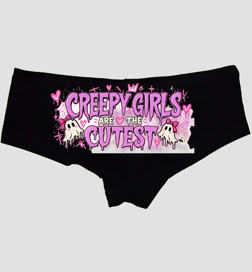 Black boyshort panties printed CREEPY GIRLS ARE THE CUTEST in purple with two bow ghosts — Sexy Girl Rock