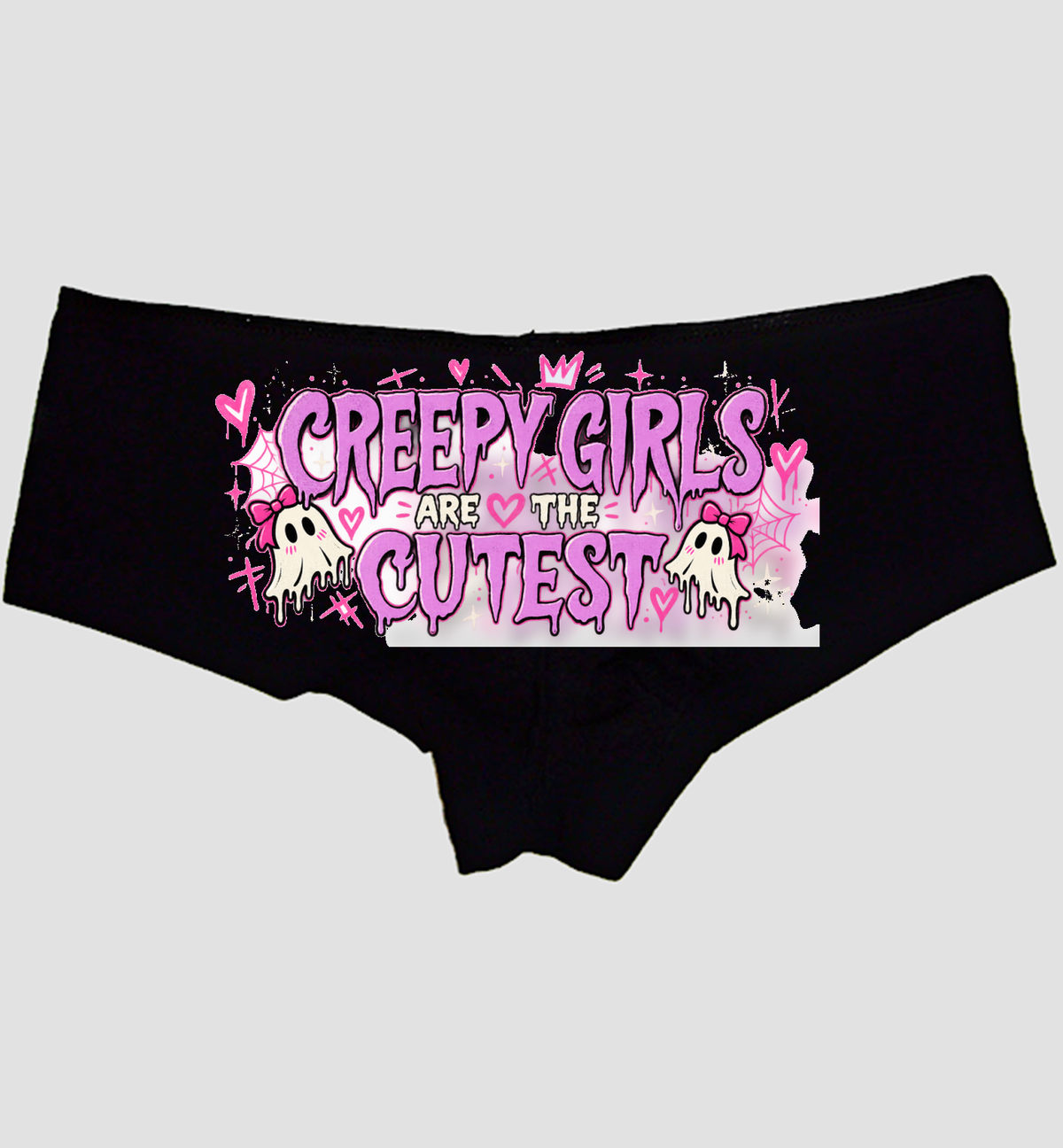 Black boyshort panties printed CREEPY GIRLS ARE THE CUTEST in purple with two bow ghosts — Sexy Girl Rock