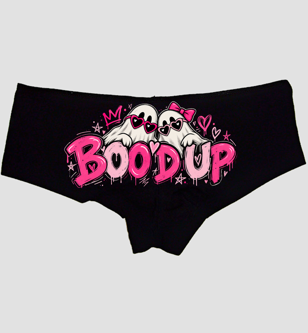 Black boyshort panties printed BOO'D UP in pink with two ghosts in heart sunglasses — Sexy Girl Rock