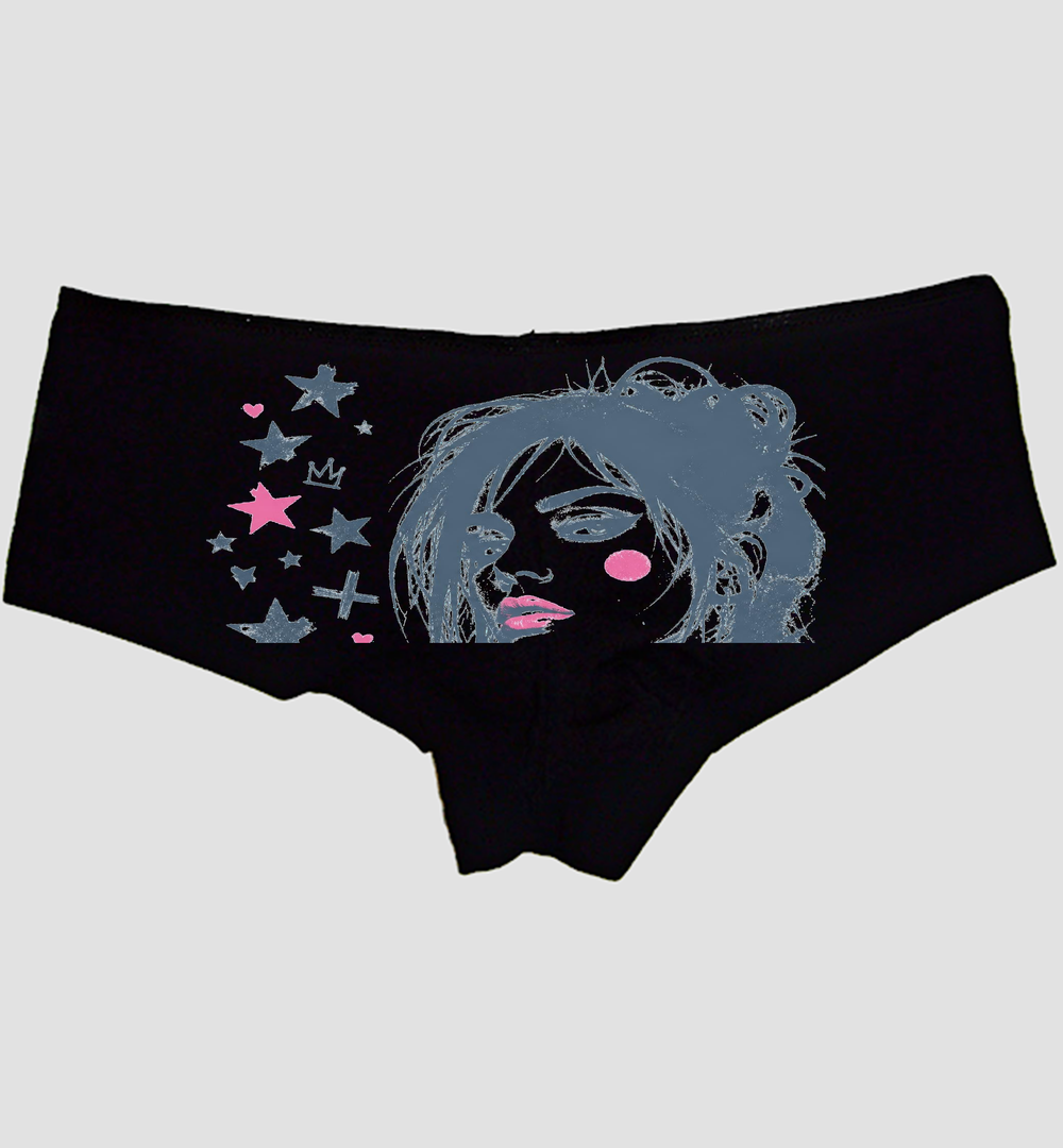 Grunge Stars Hearts Boyshort Panties — Black Cotton, Distressed Girl Stencil Print — hero image