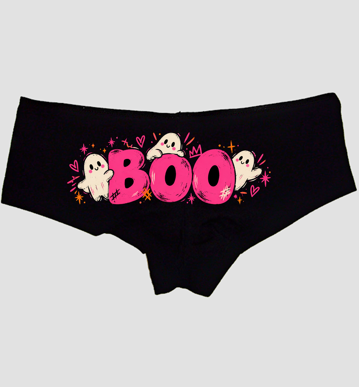 Black boyshort panties with hot-pink BOO and three little ghosts — Sexy Girl Rock