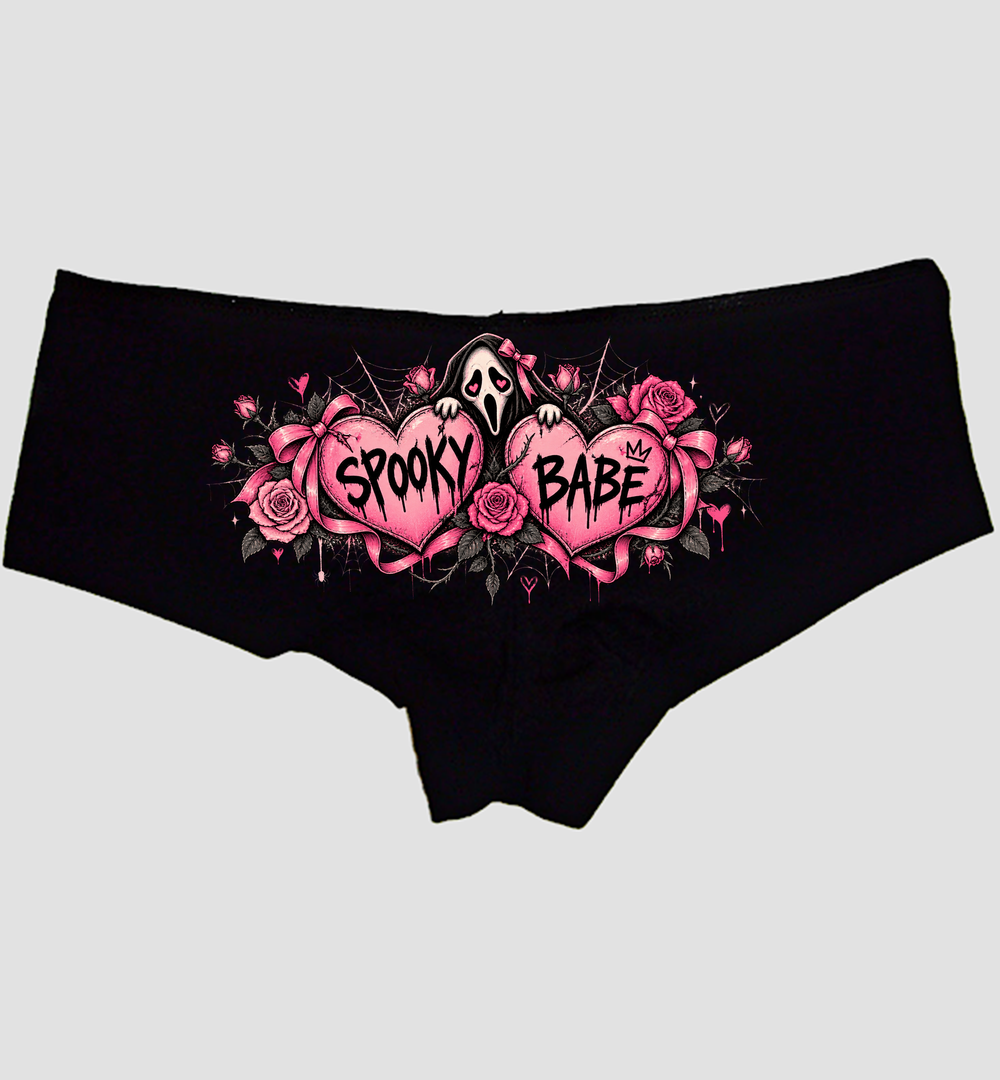 Black boyshort panties with SPOOKY and BABE on pink hearts, roses, and a ghost — Sexy Girl Rock