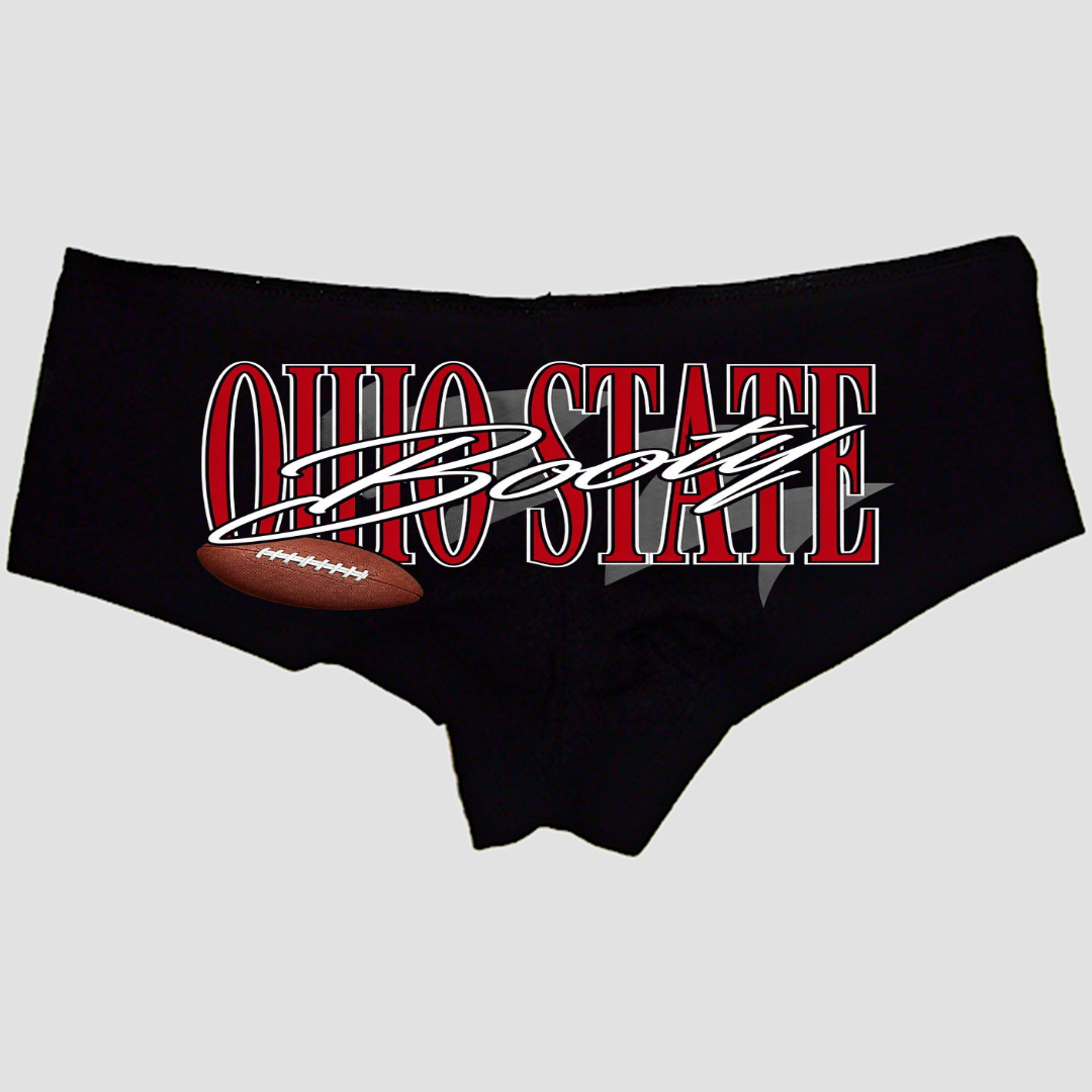 Ohio State Booty Boyshort Panties — Black Cotton, Red Block and White Script Print — hero image