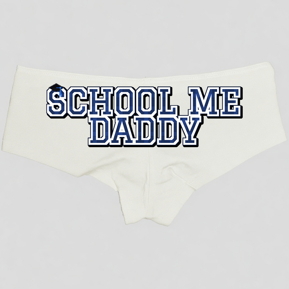 School Me Daddy Boyshort Panties — White Cotton, Plaid Varsity Mortarboard Print — hero image