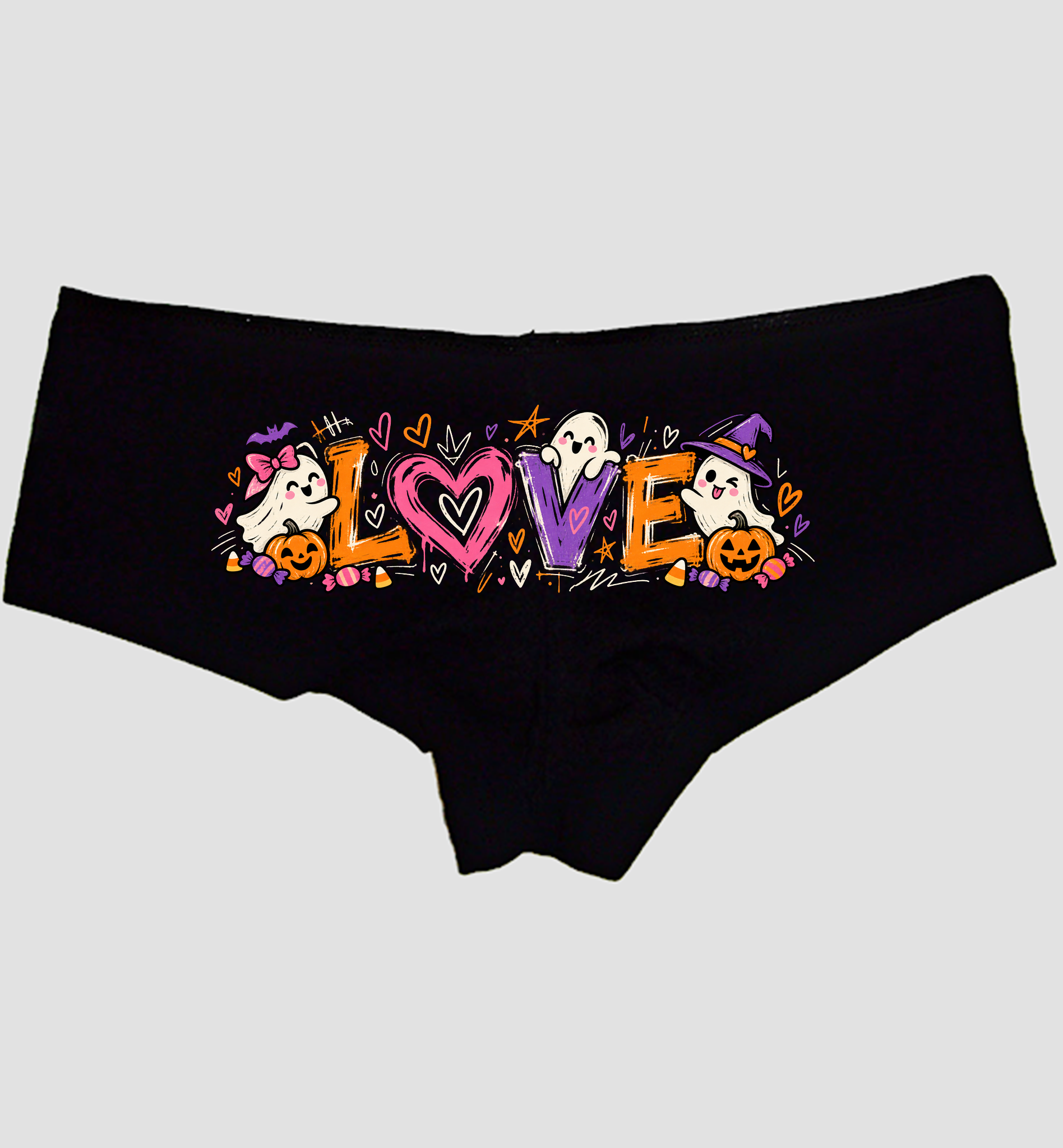 Black boyshort panties spelling LOVE in Halloween letters with ghosts and candy corn — Sexy Girl Rock