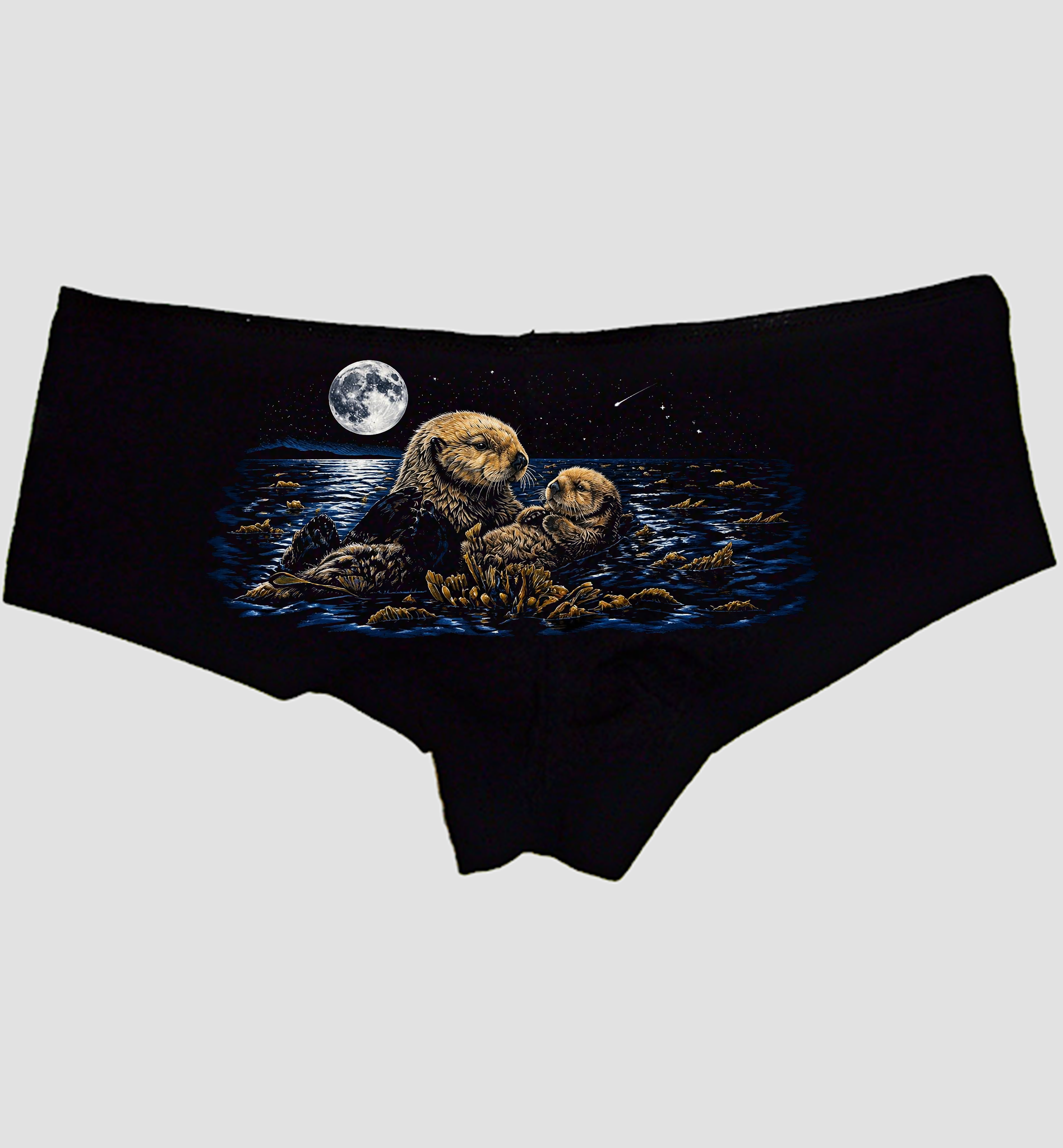 Moonlit Sea Otters Boyshort Panties — Black Cotton, Otter Pup and Kelp Night Print — hero image