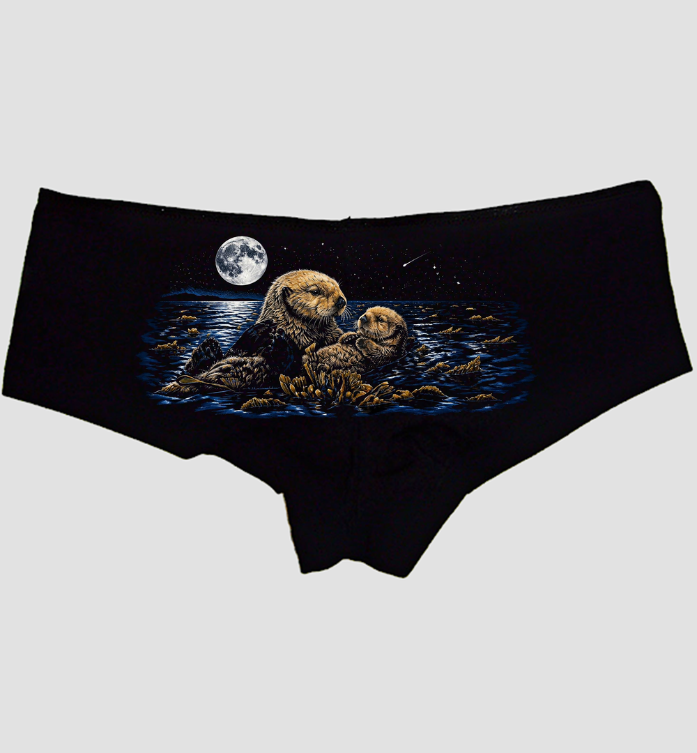 Moonlit Sea Otters Boyshort Panties — Black Cotton, Otter Pup and Kelp Night Print — hero image