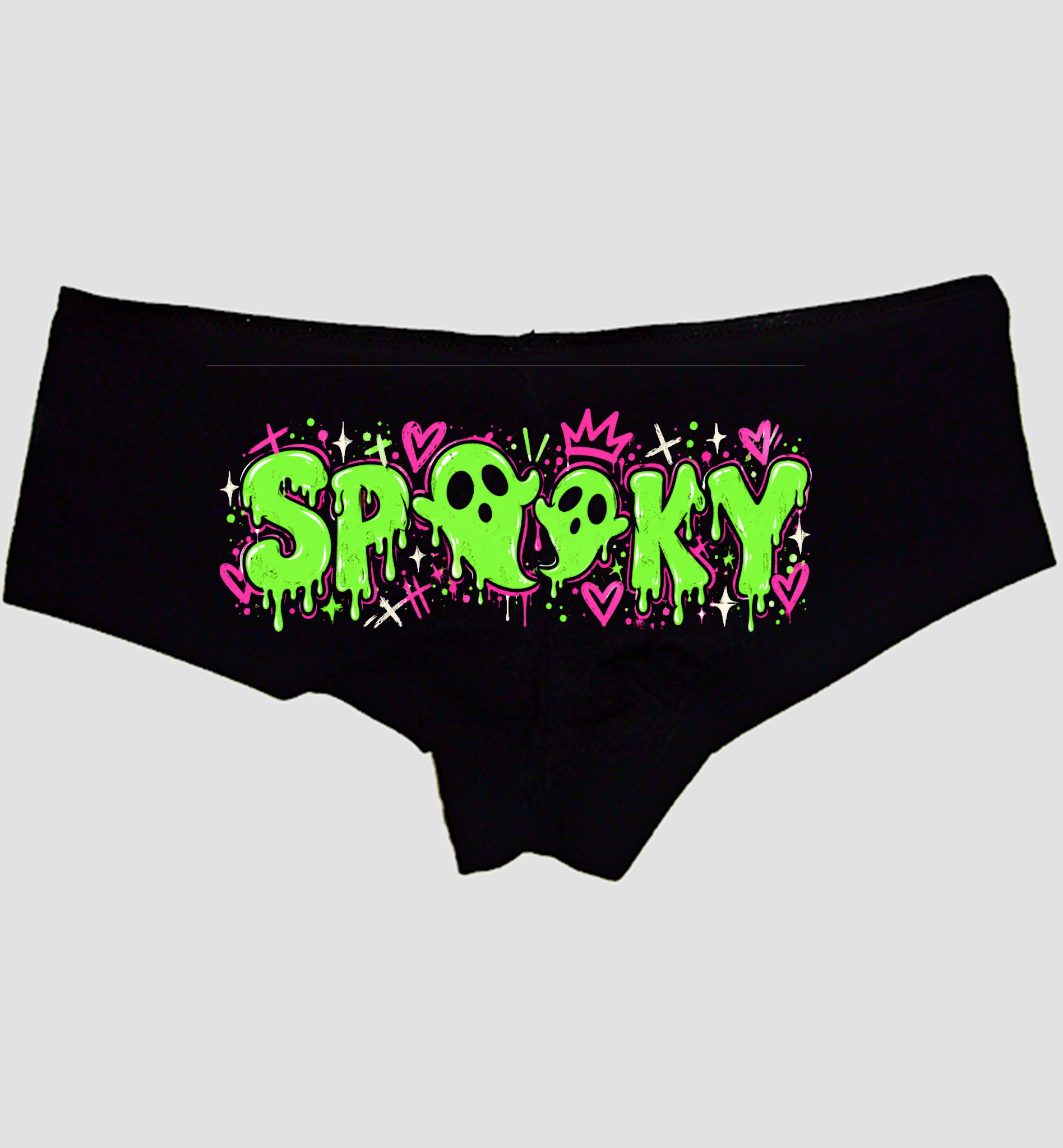 Black boyshort panties with neon-green SPOOKY letters and ghost O's — Sexy Girl Rock
