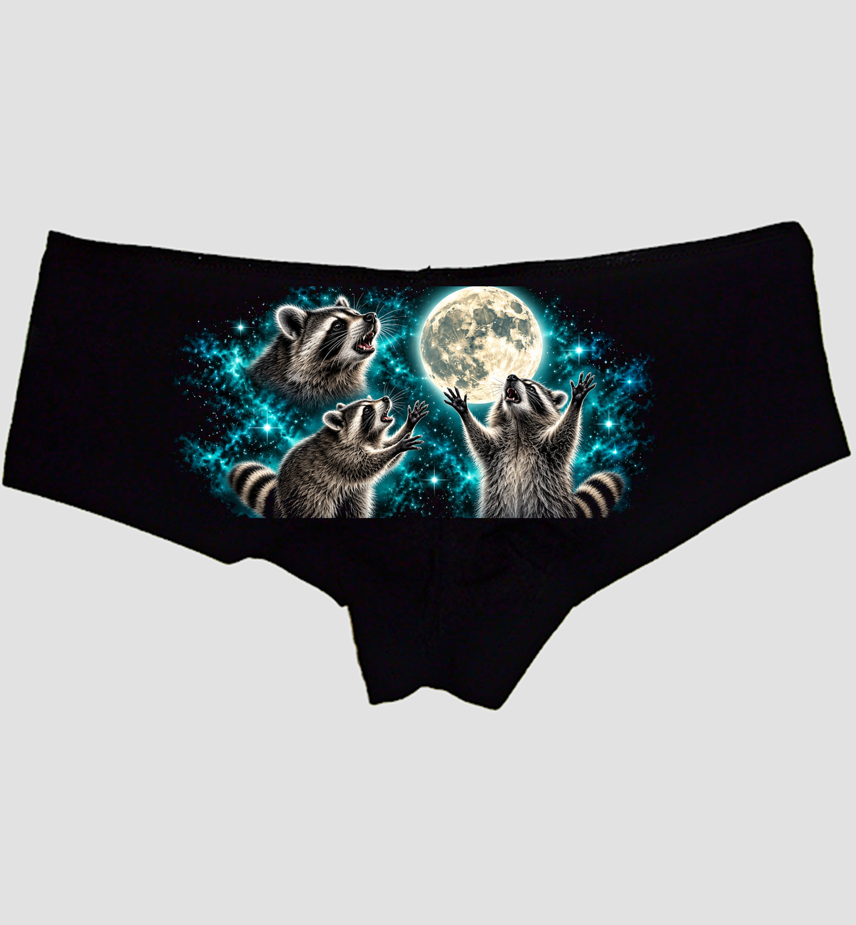 Three Raccoons Moon Boyshort Panties — Black Cotton, Howling Raccoons Full Moon Print — hero image