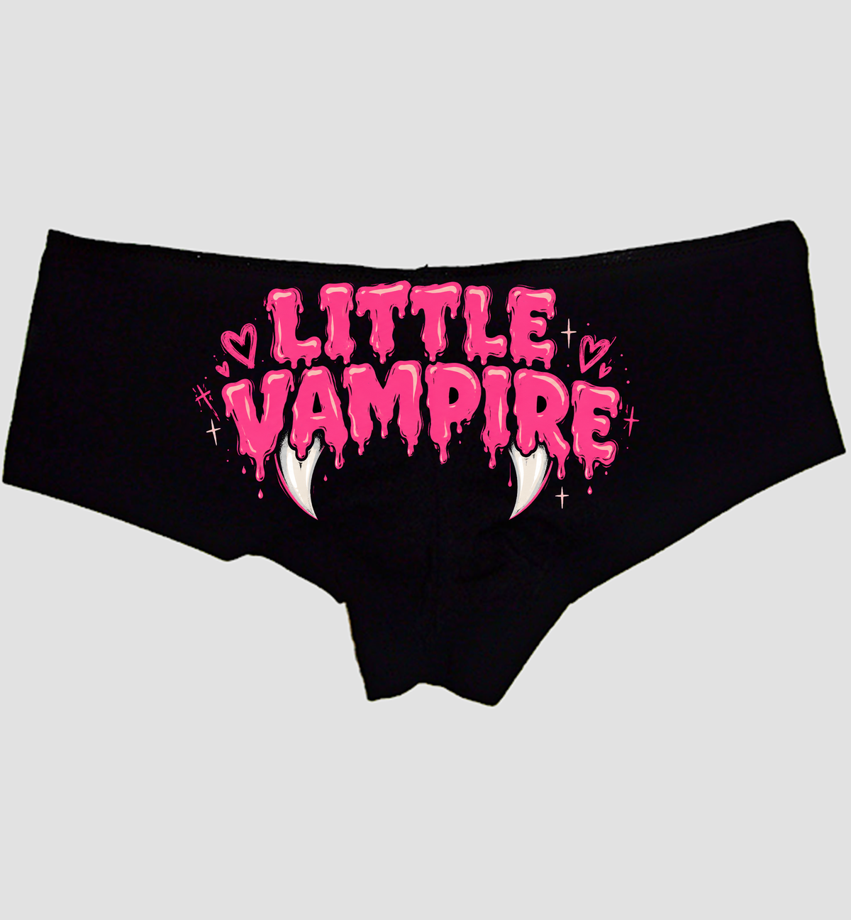 Black boyshort panties printed LITTLE VAMPIRE in hot pink with white fangs — Sexy Girl Rock