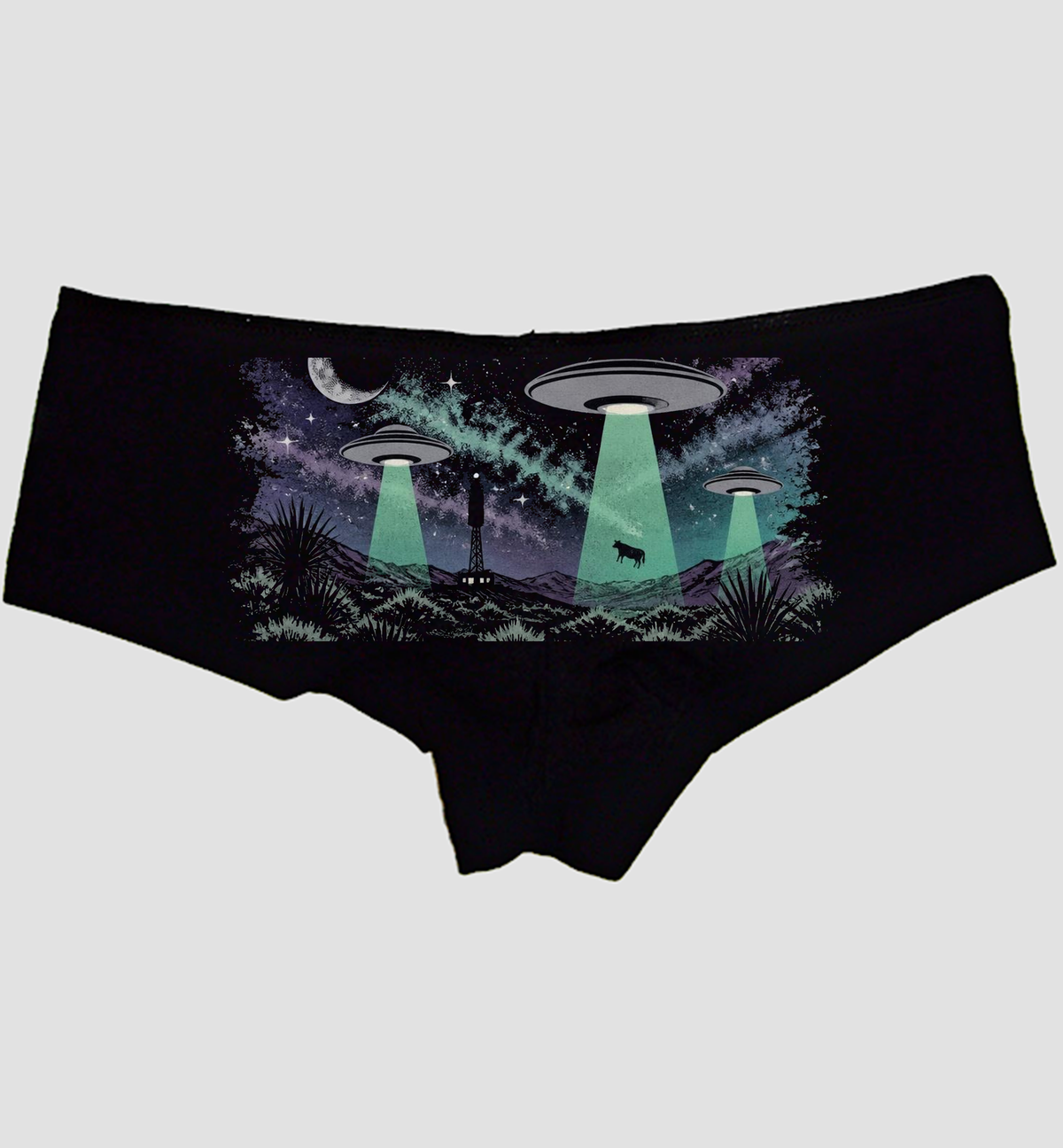 Roswell UFOs Boyshort Panties — Black Cotton, Alien Abduction Night Print — hero image