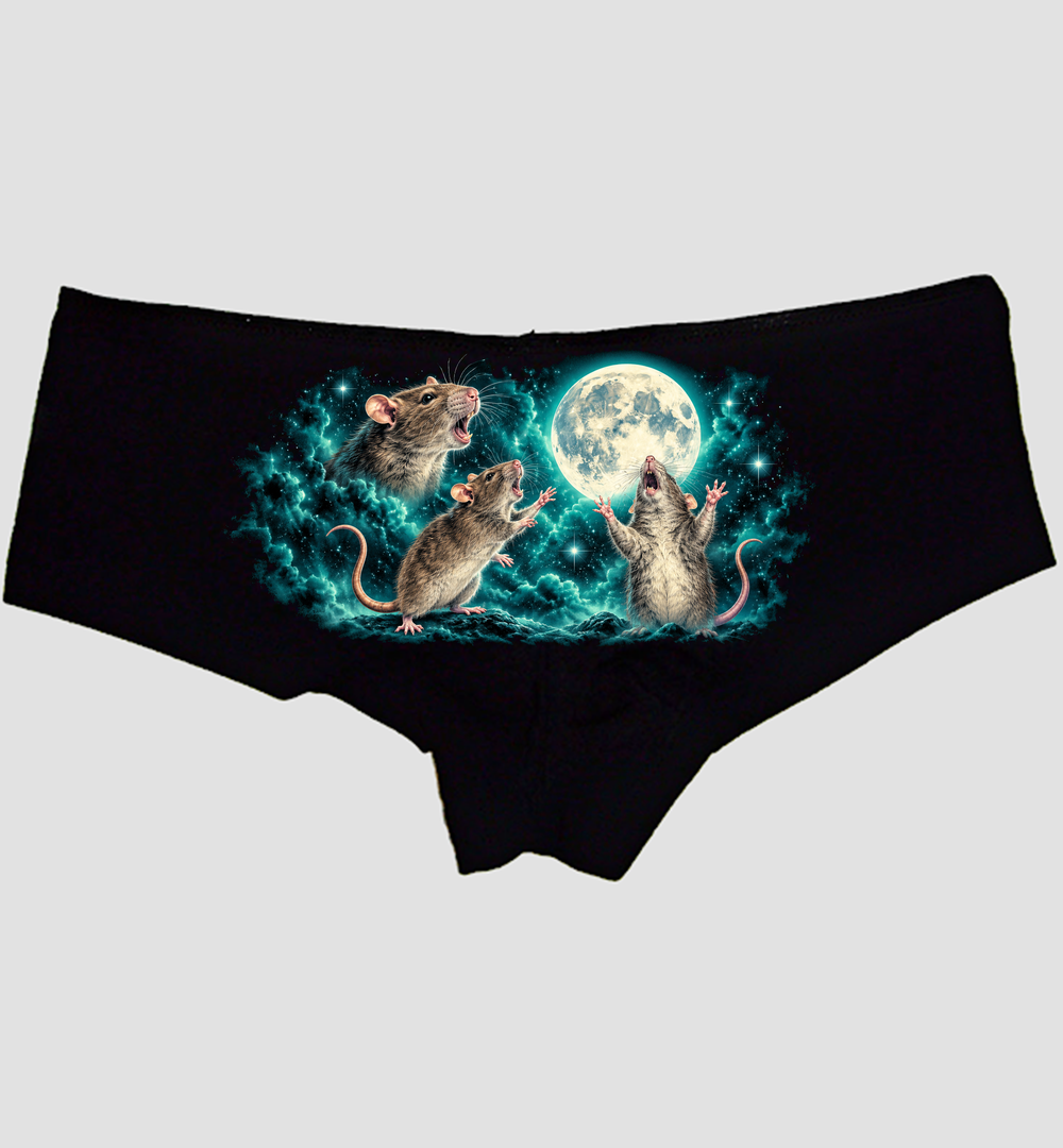 Three Rats Moon Boyshort Panties — Black Cotton, Howling Rats Full Moon Print — hero image