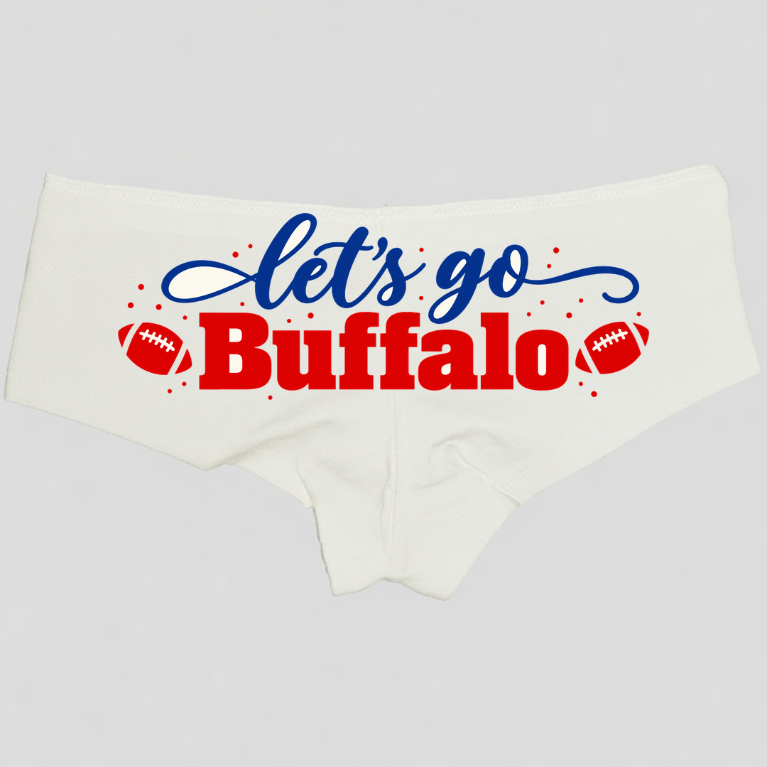 Let's Go Buffalo Boyshort Panties — White Cotton, Blue Script and Red Buffalo Print — hero image