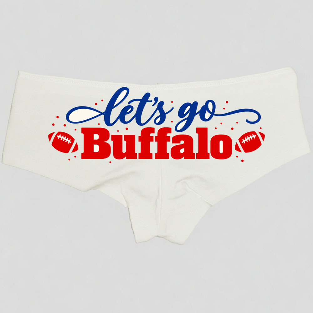 Let's Go Buffalo Boyshort Panties — White Cotton, Blue Script and Red Buffalo Print — hero image