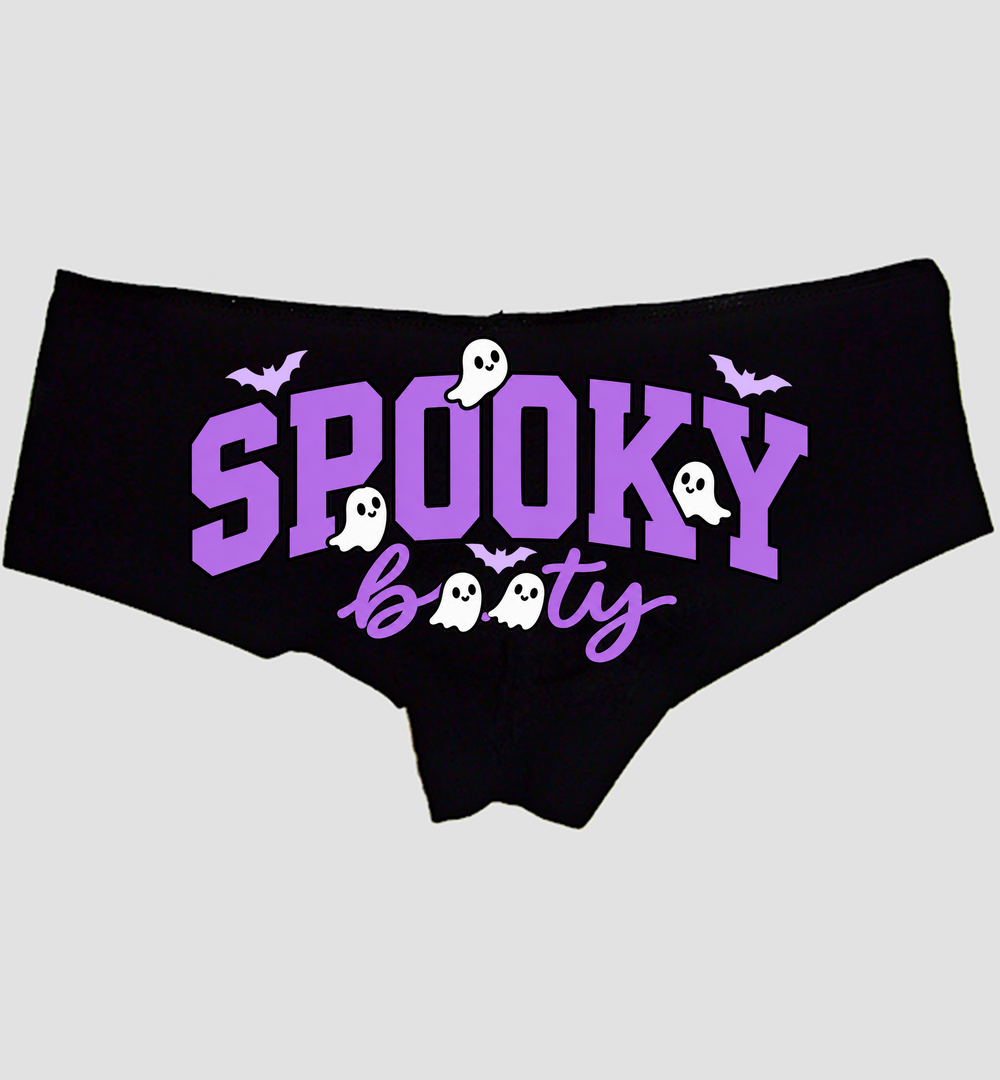Spooky Booty Boyshort Panties — black cotton, purple varsity SPOOKY and ghost script booty — hero image