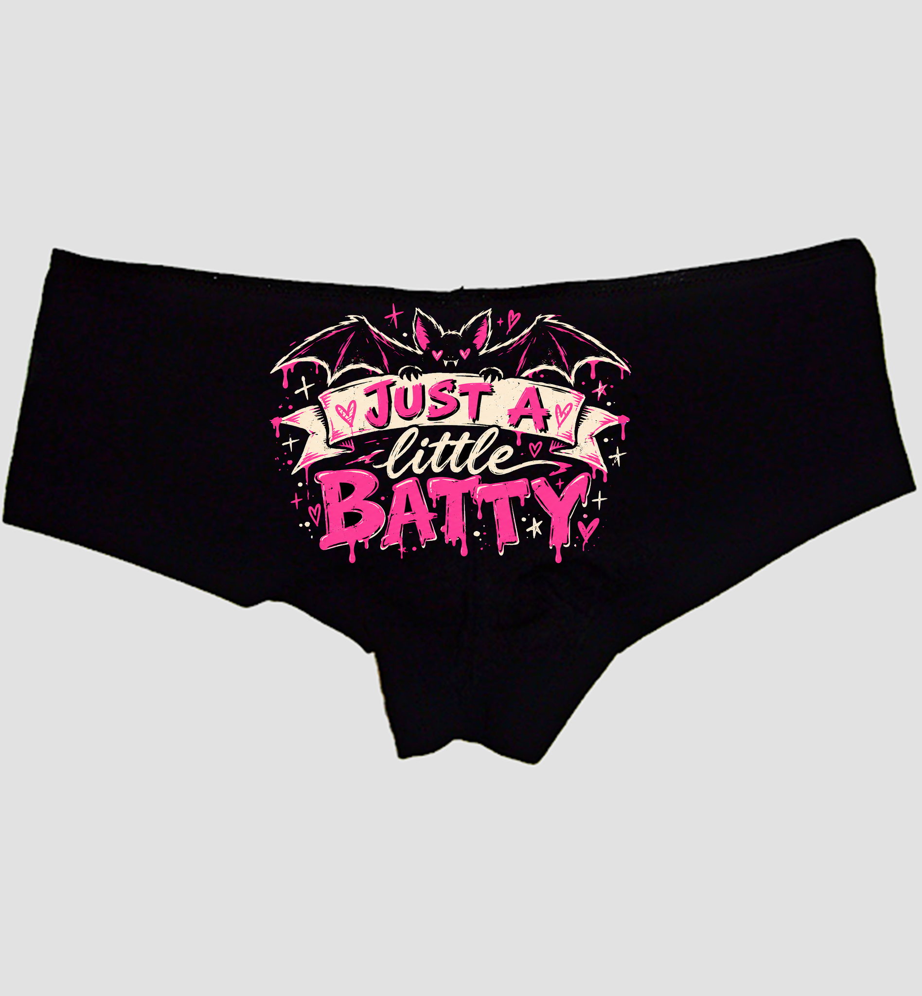 Black boyshort panties printed JUST A little BATTY with a heart-eyed bat — Sexy Girl Rock