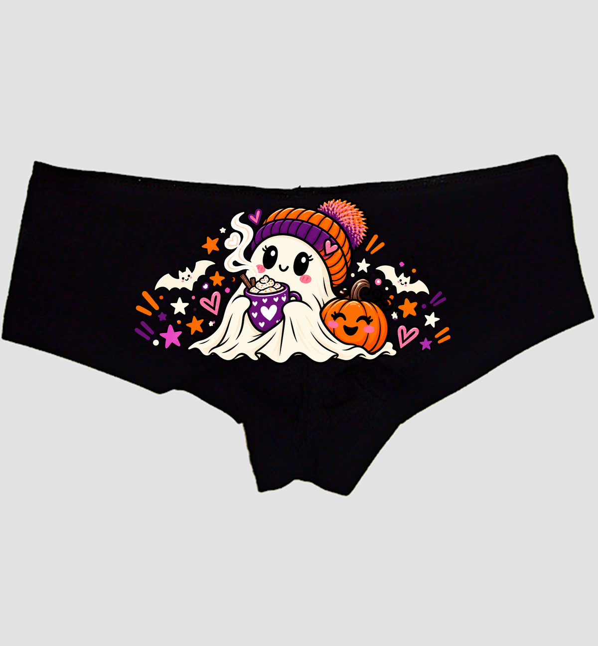 Black boyshort panties with a beanie ghost holding a hot-cocoa mug and a pumpkin — Sexy Girl Rock