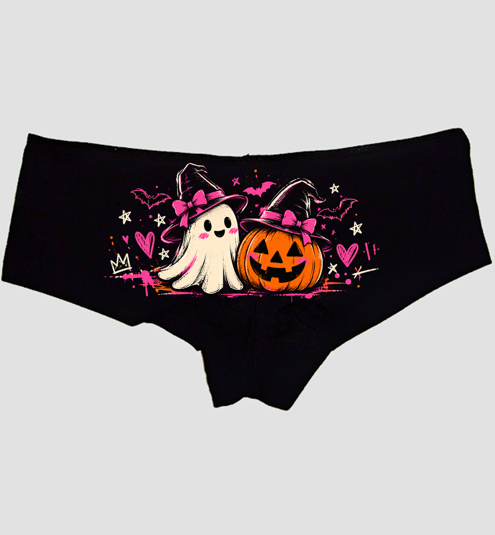Black boyshort panties with a ghost and jack-o'-lantern both wearing witch hats and pink bows — Sexy Girl Rock