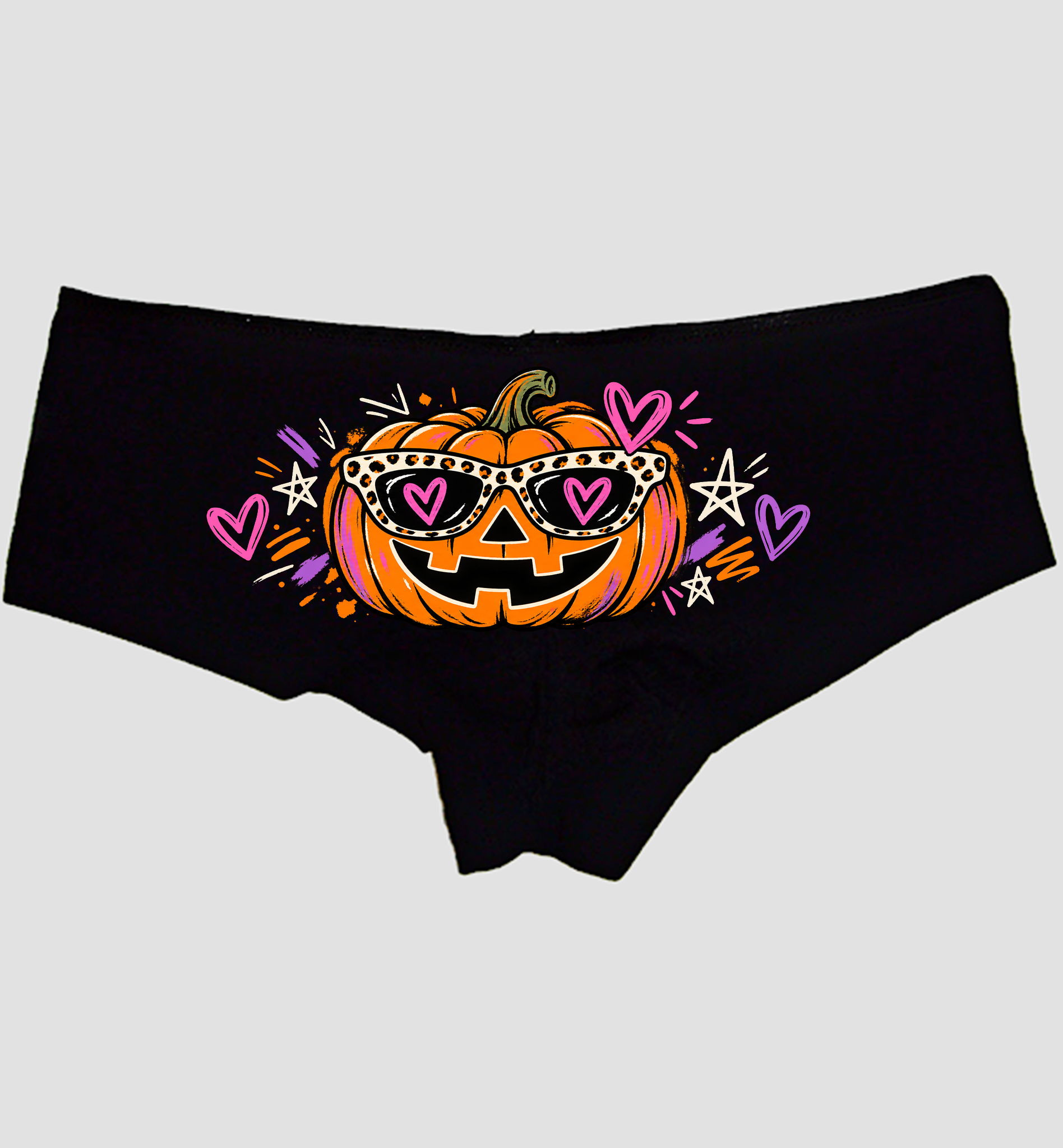 Black boyshort panties with a jack-o'-lantern in leopard sunglasses and pink heart lenses — Sexy Girl Rock