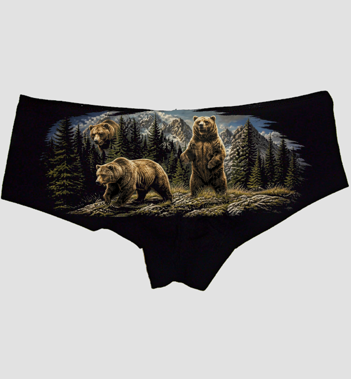 90s Grizzly Bears Boyshort Panties — Black Cotton, Mountain Wilderness Print — hero image