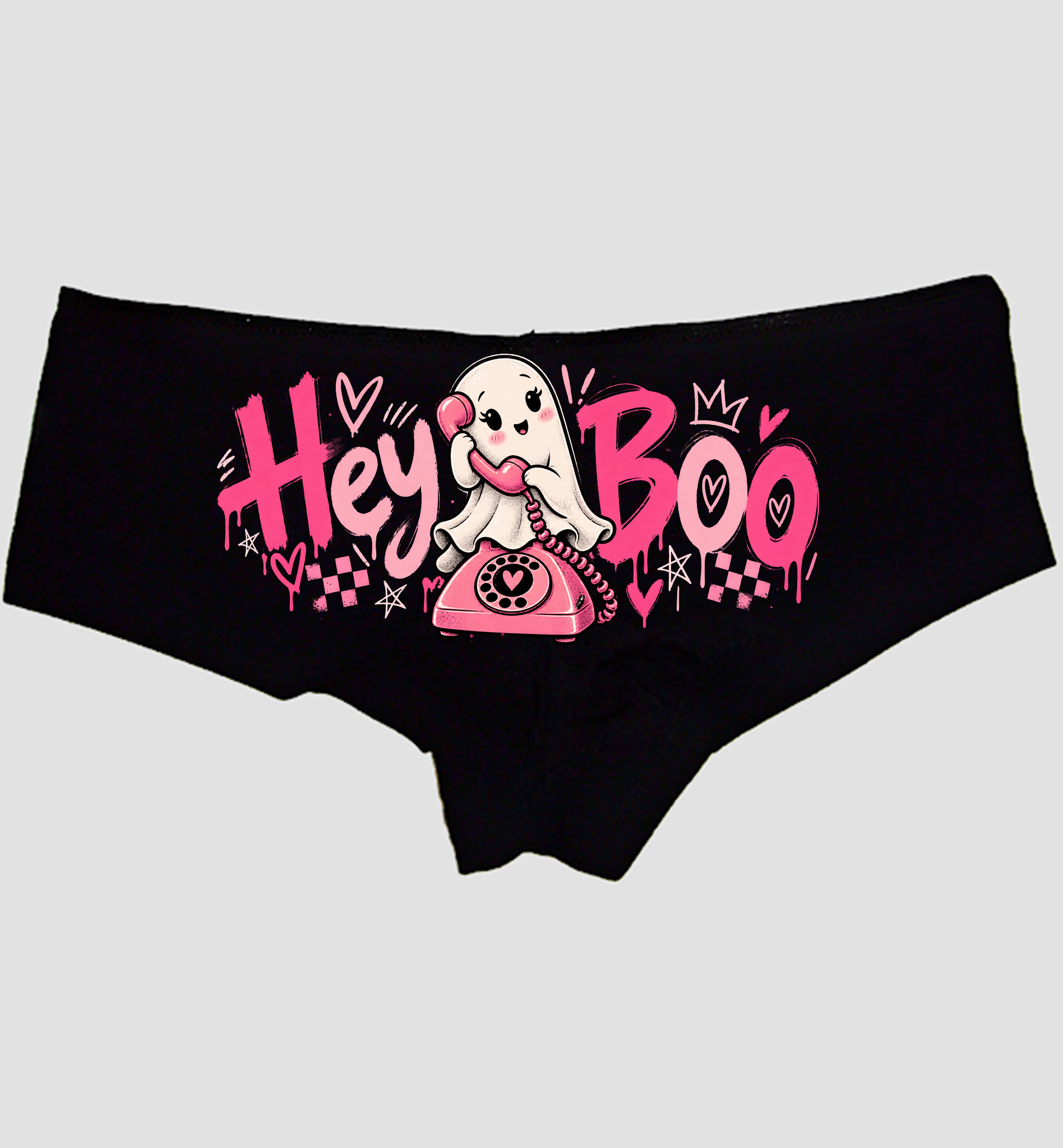 Black boyshort panties printed Hey BOO with a ghost on a pink rotary phone — Sexy Girl Rock