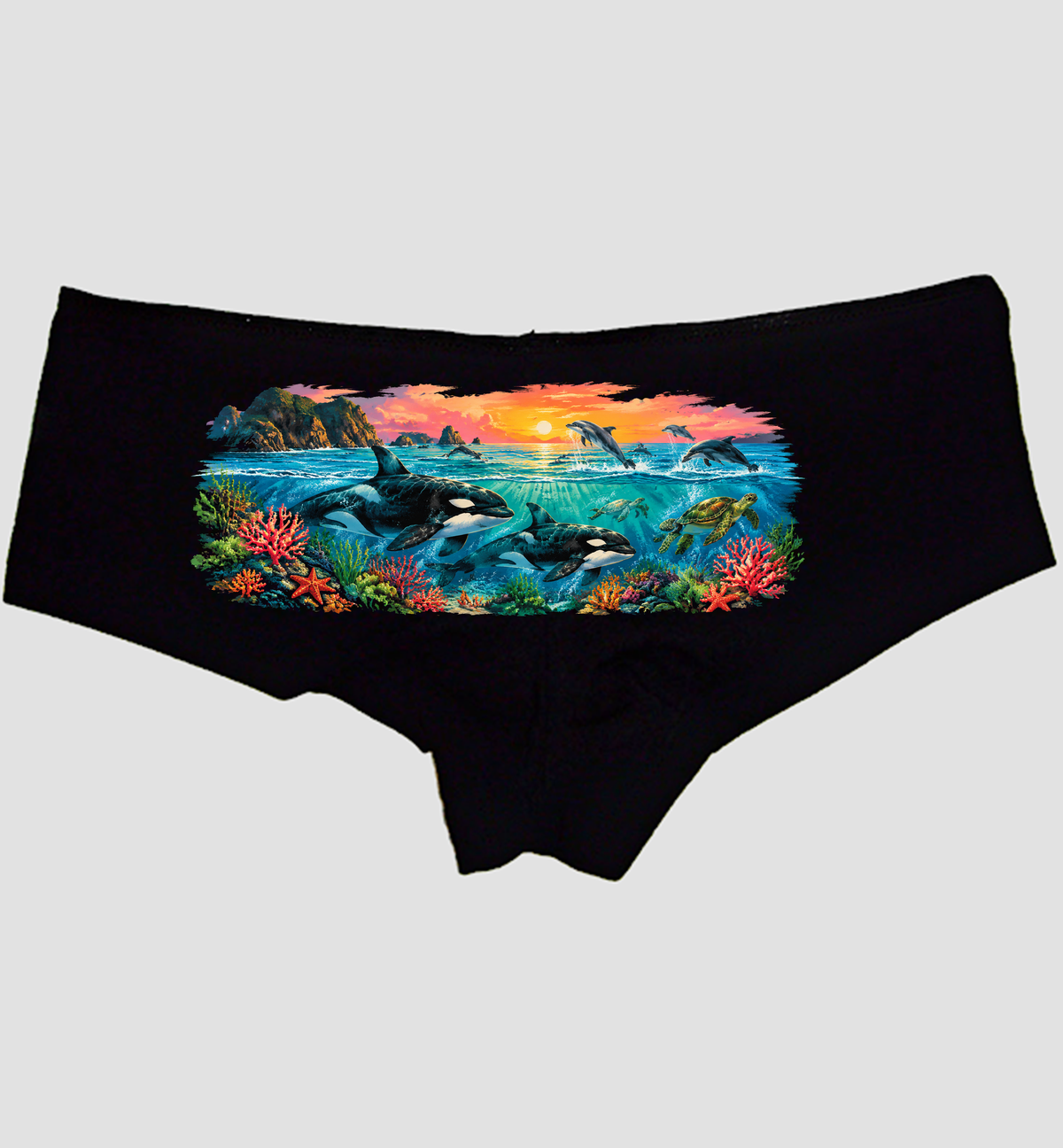 90s ocean wildlife boyshort panties hero — black cotton orca dolphin turtle print, Sexy Girl Rock