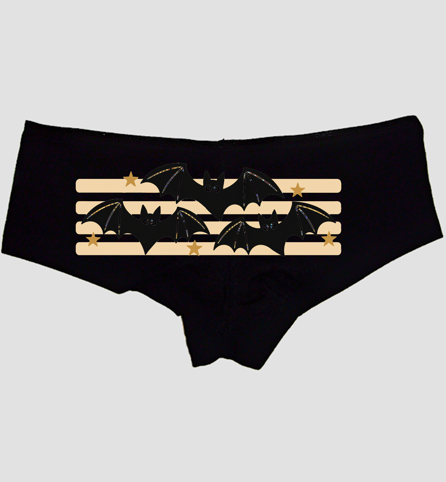 Hero — Vintage Halloween Bats boyshort panties in black cotton with cream stripes and gold stars, Sexy Girl Rock