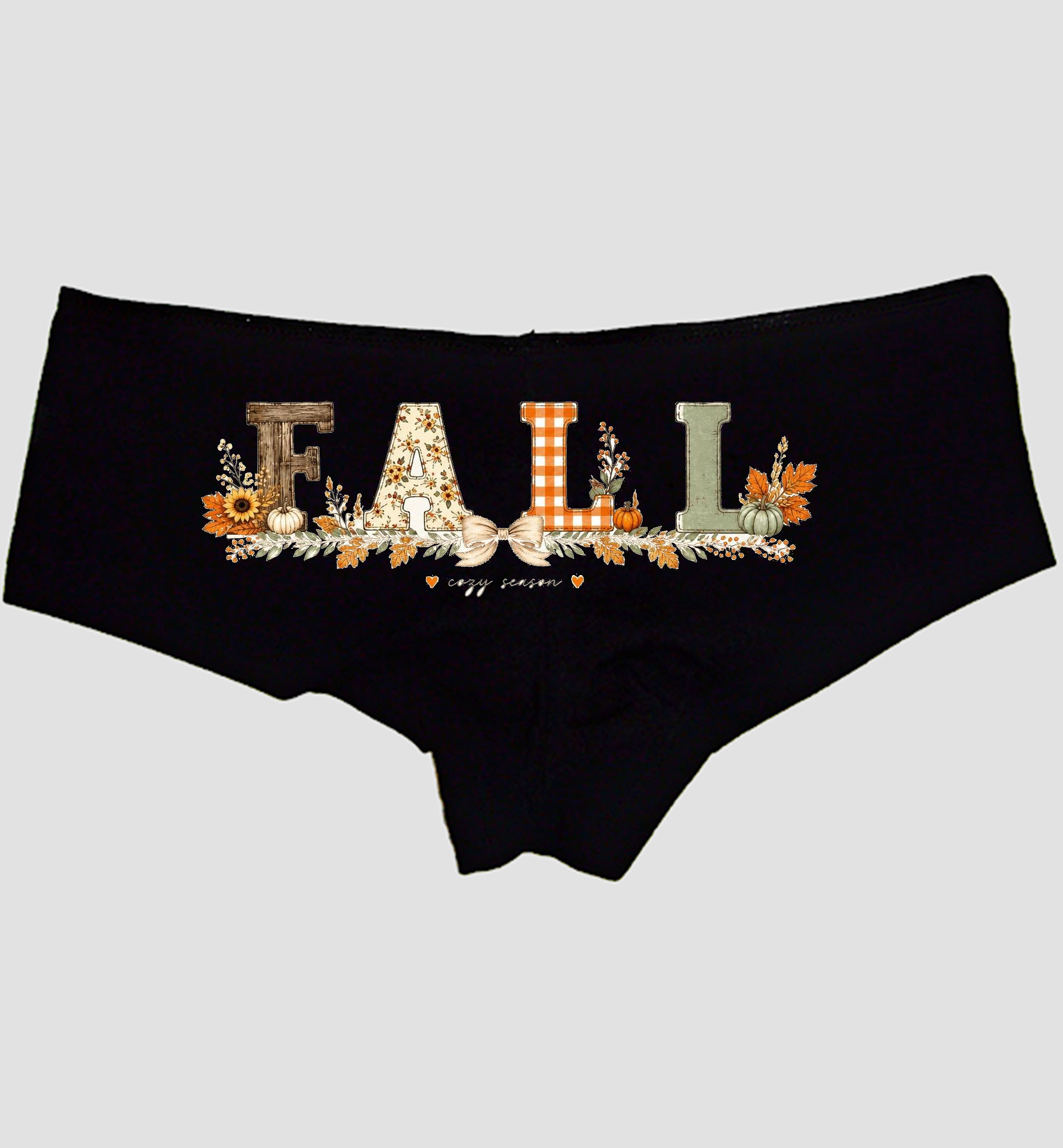 Fall Cozy Boyshort Panties — Black Cotton, Patterned FALL and Cozy Season Print — hero image
