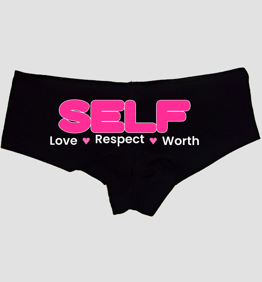 SELF Love Respect Worth Boyshort Panties — Black Cotton, Hot Pink and White Print — hero image