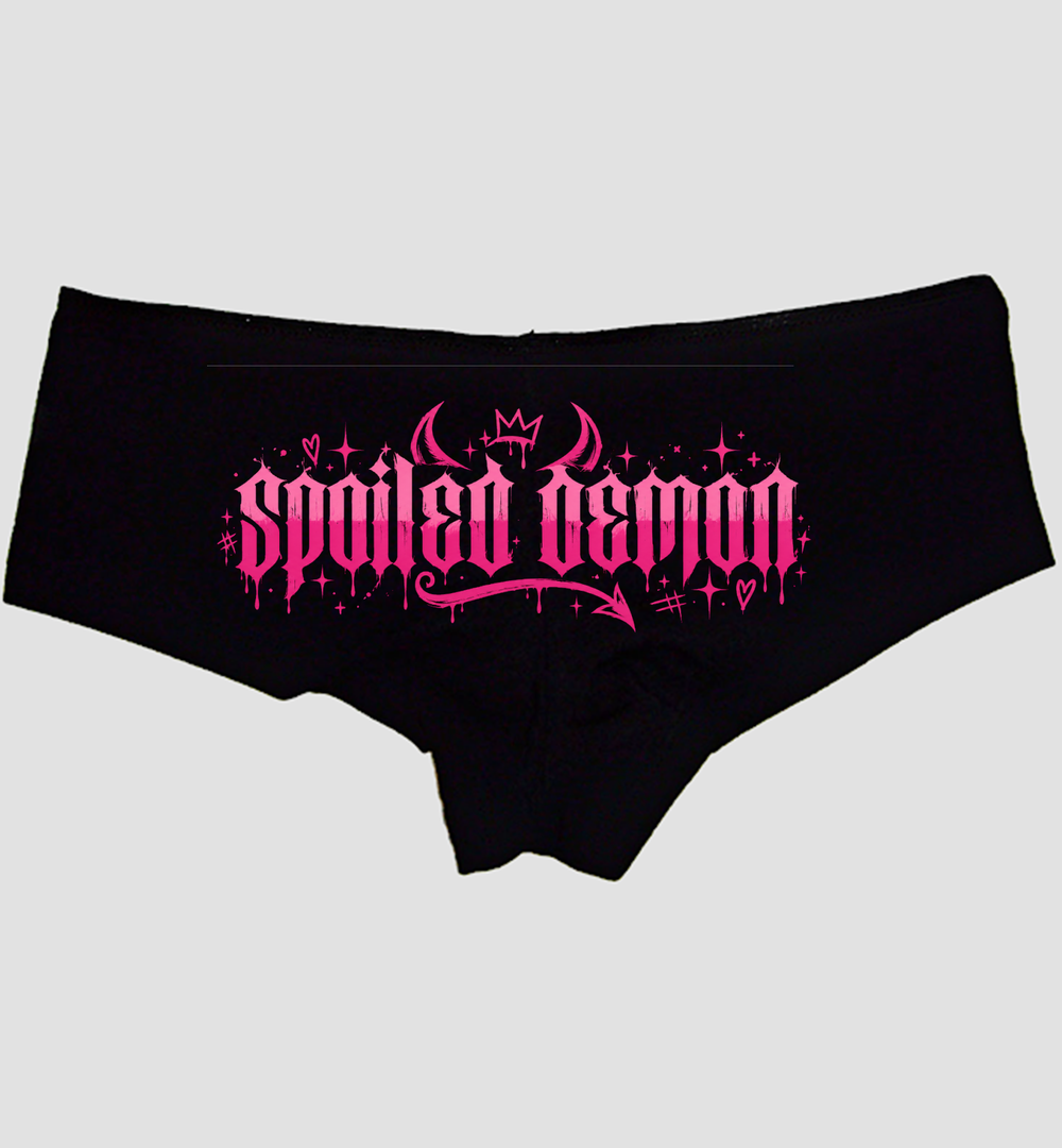 Black boyshort panties printed SPOILED DEMON in hot-pink gothic letters with horns — Sexy Girl Rock