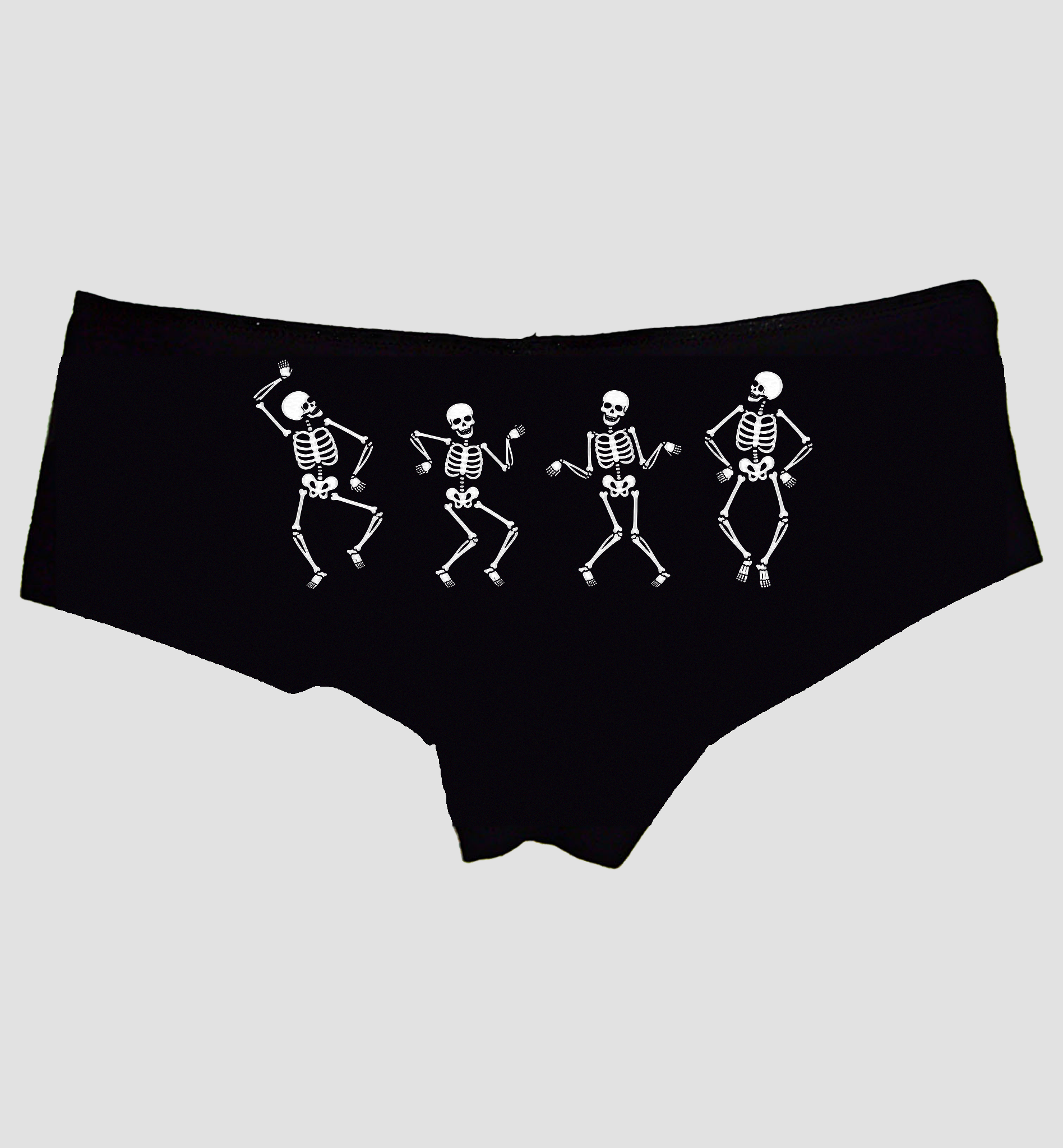 Black boyshort panties with white dancing skeletons centered across the back seat — Sexy Girl Rock Halloween custom panties