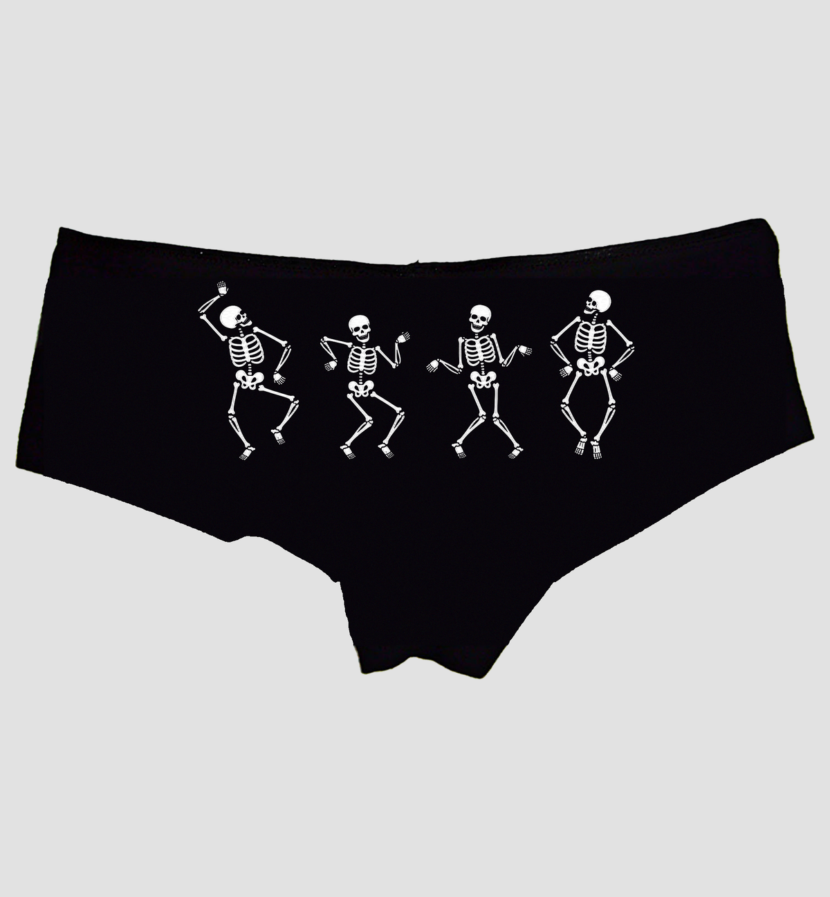 Black boyshort panties with white dancing skeletons centered across the back seat — Sexy Girl Rock Halloween custom panties