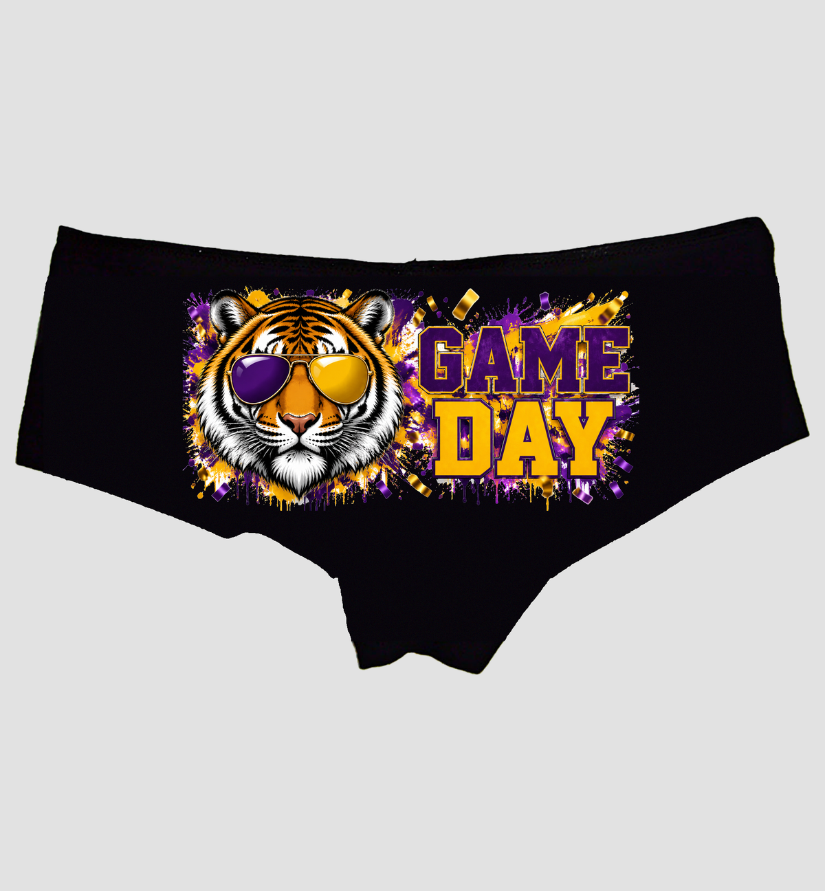 Game Day Tiger Boyshort Panties — Black Cotton Booty Shorts, Purple and Gold Print