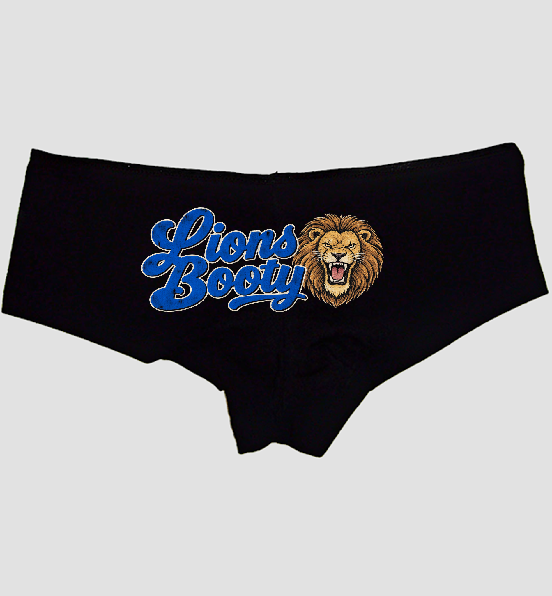 Black cotton boyshort panties with blue Lions Booty script and lion head centered on the seat — Sexy Girl Rock
