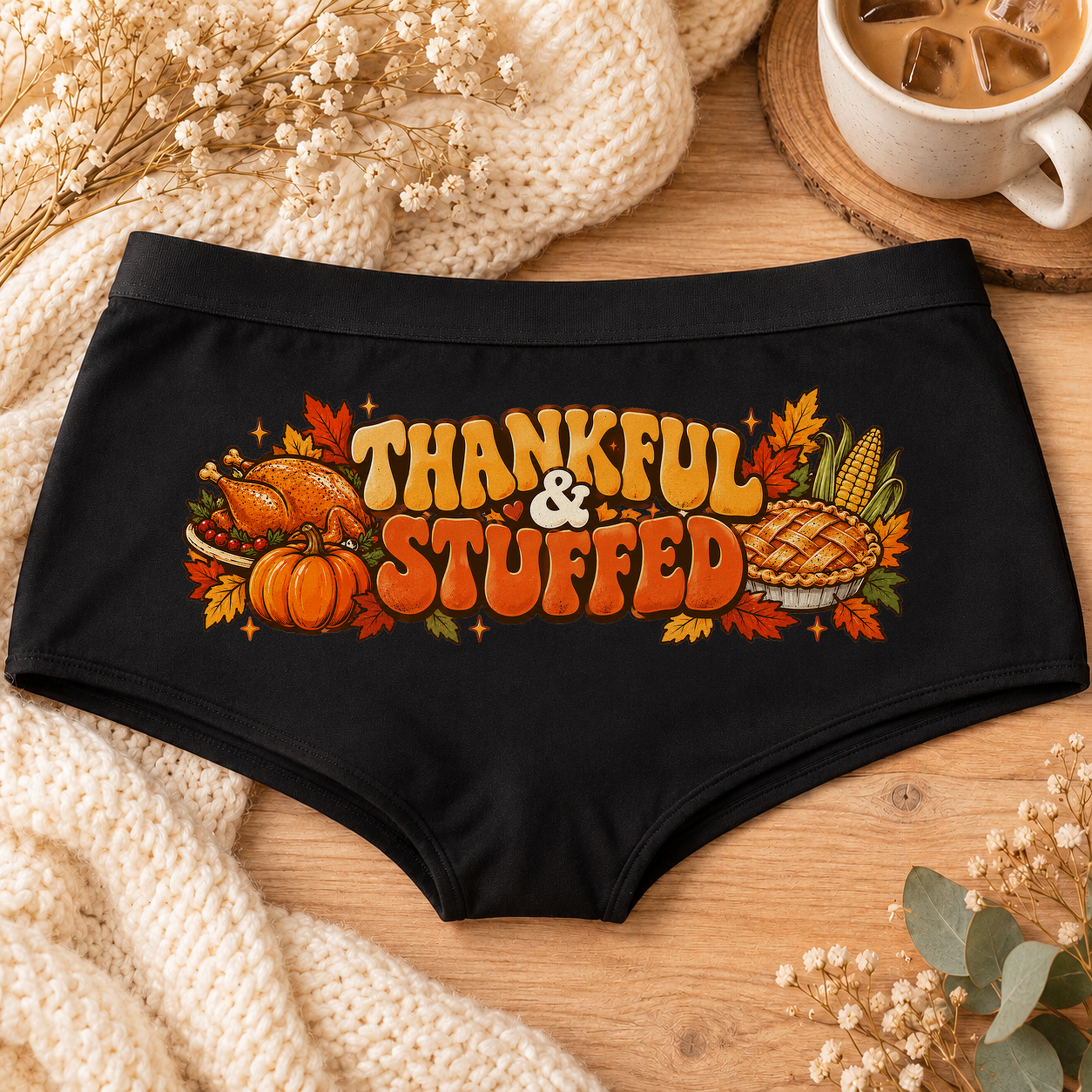 Black Thankful & Stuffed fall Thanksgiving boyshort underwear with retro orange lettering, roast turkey, pumpkin, pie, corn and autumn leaves, flat-lay