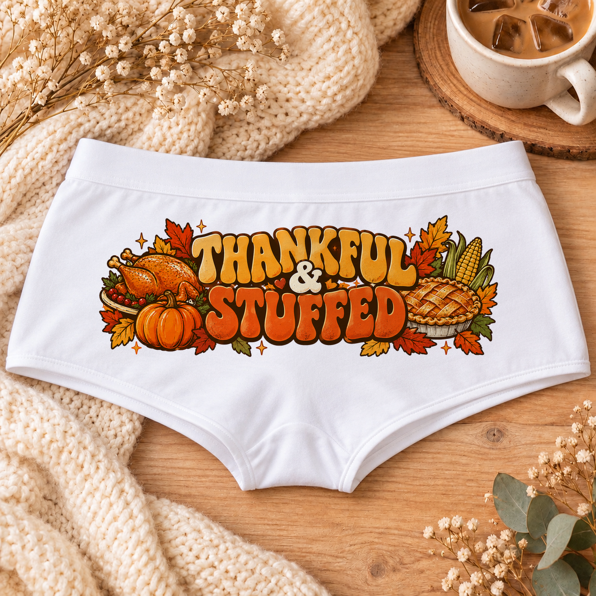 White Thankful & Stuffed fall Thanksgiving boyshort underwear with retro orange lettering, roast turkey, pumpkin, pie, corn and autumn leaves, flat-lay