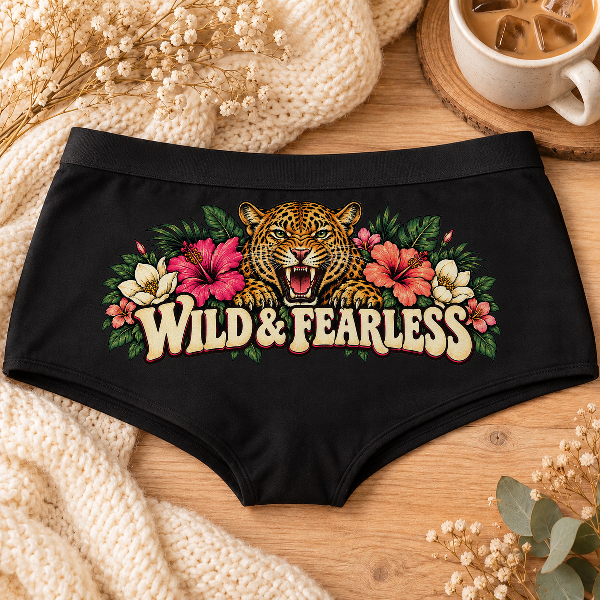 Black Wild & Fearless leopard print boyshort underwear with a roaring leopard, hibiscus flowers, tropical leaves and cream Wild & Fearless lettering, flat-lay